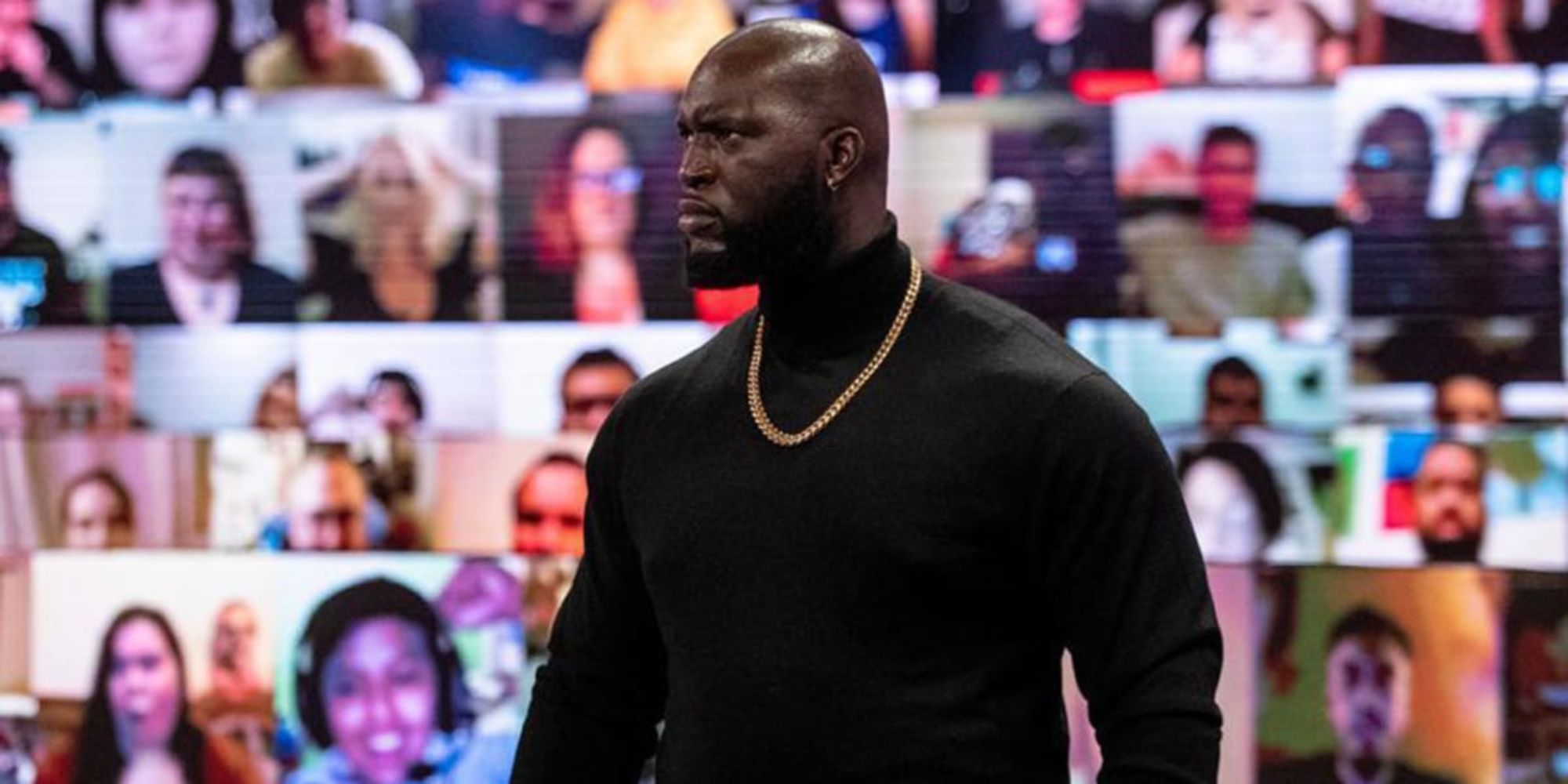 WWE Shot Of Omos Staring Towards Ring