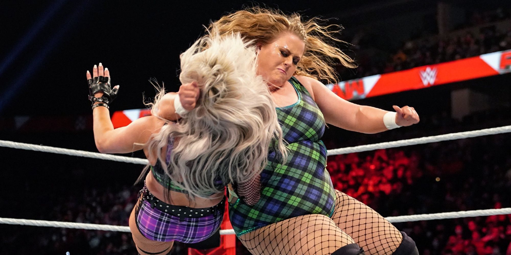 WWE Raw Screenshot Of Doudrop Clotheslining Live Morgan