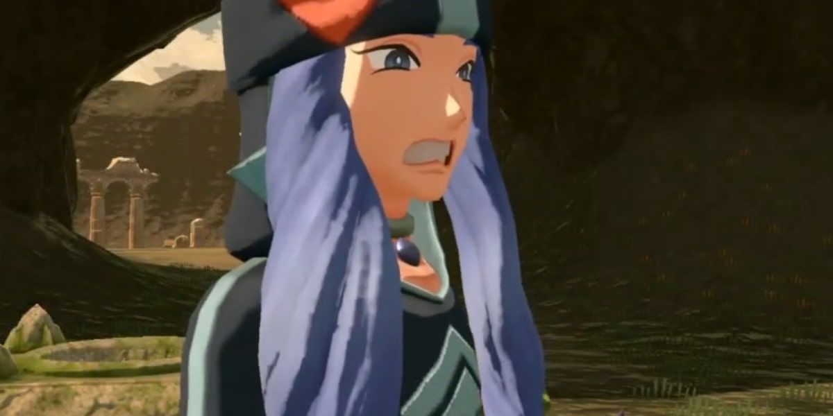 A screenshot of Warden Melli with a shocked facial expression in Pokemon: Legends Arceus.