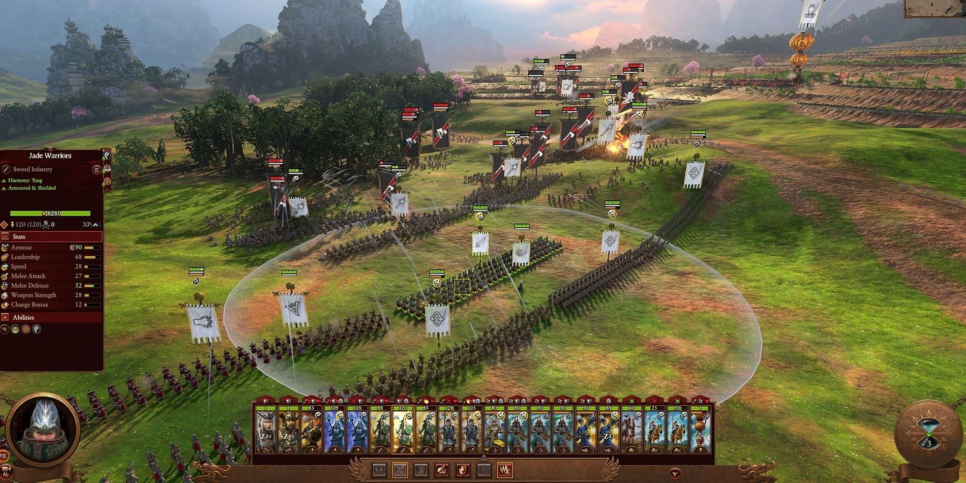 Warhammer 3 Total War Free for All showing a large battle from perspective of Grand Cathay