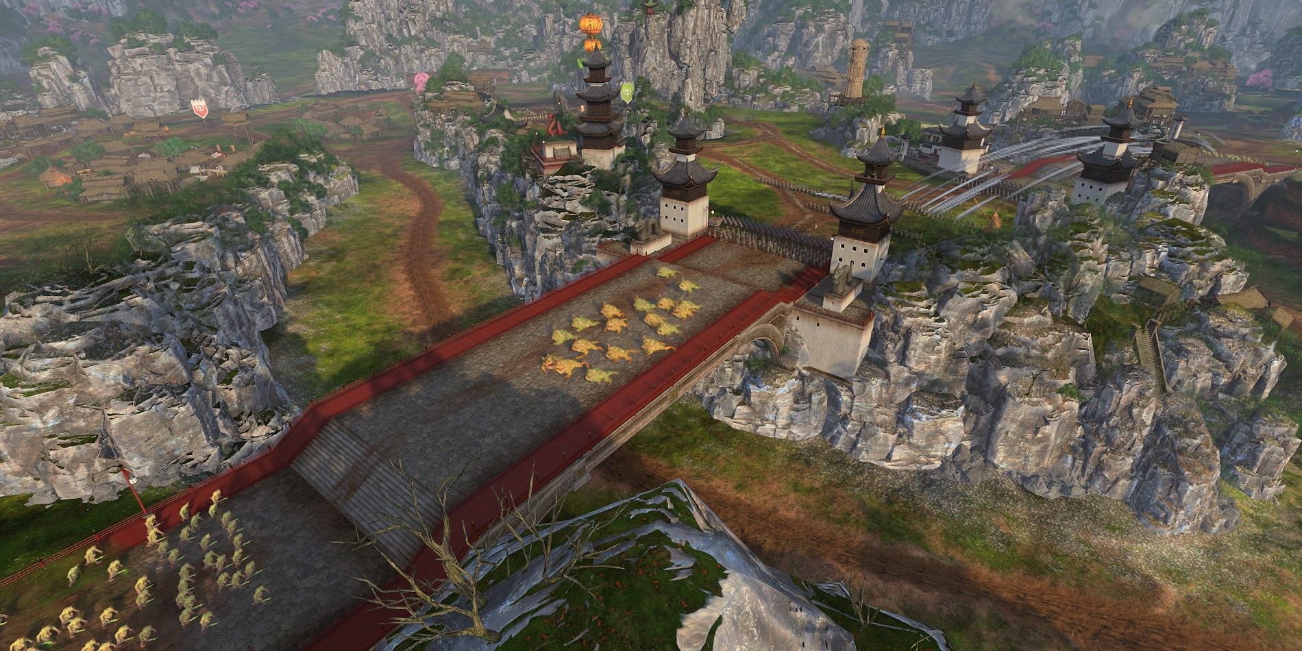 Warhammer 3 Total War Minor Settlement Battle showing a narrow chokepoint on a bridge