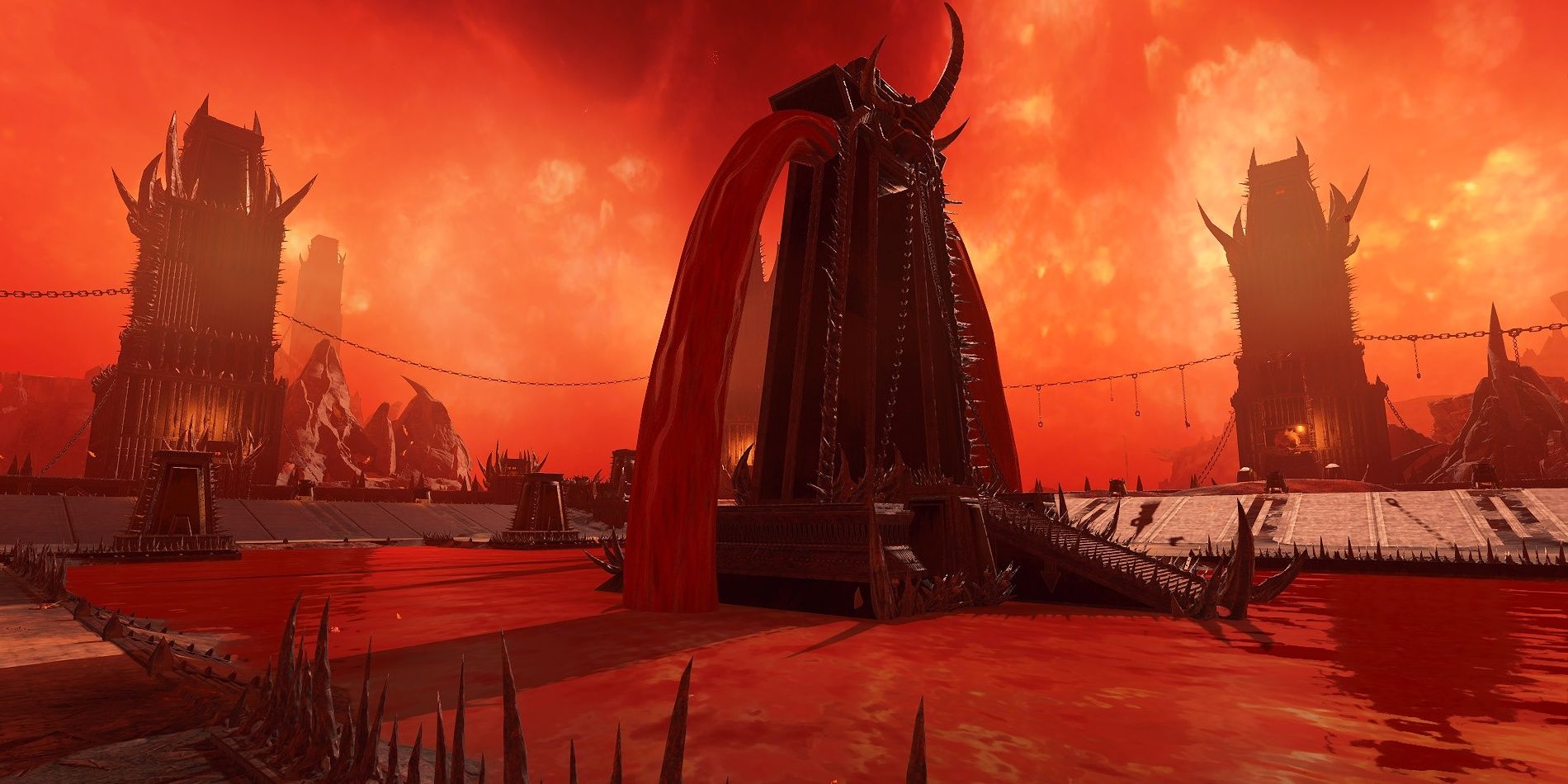 Warhammer 3 Total War The Hunting Fields showing fountains of blood and a blood pool