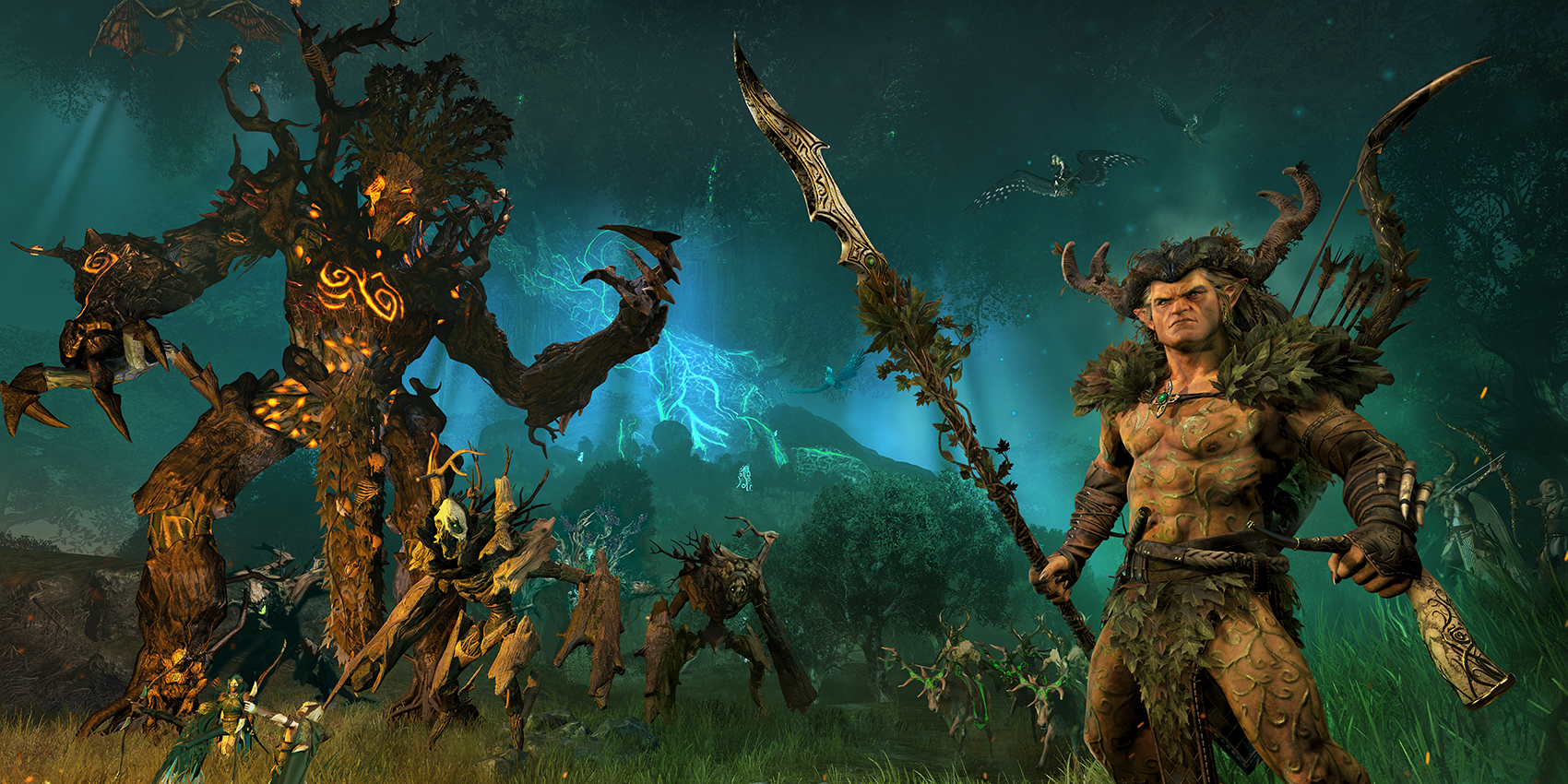 Warhammer Total War Wood Elves showing an Ancient Treeman and the Wild Hunt