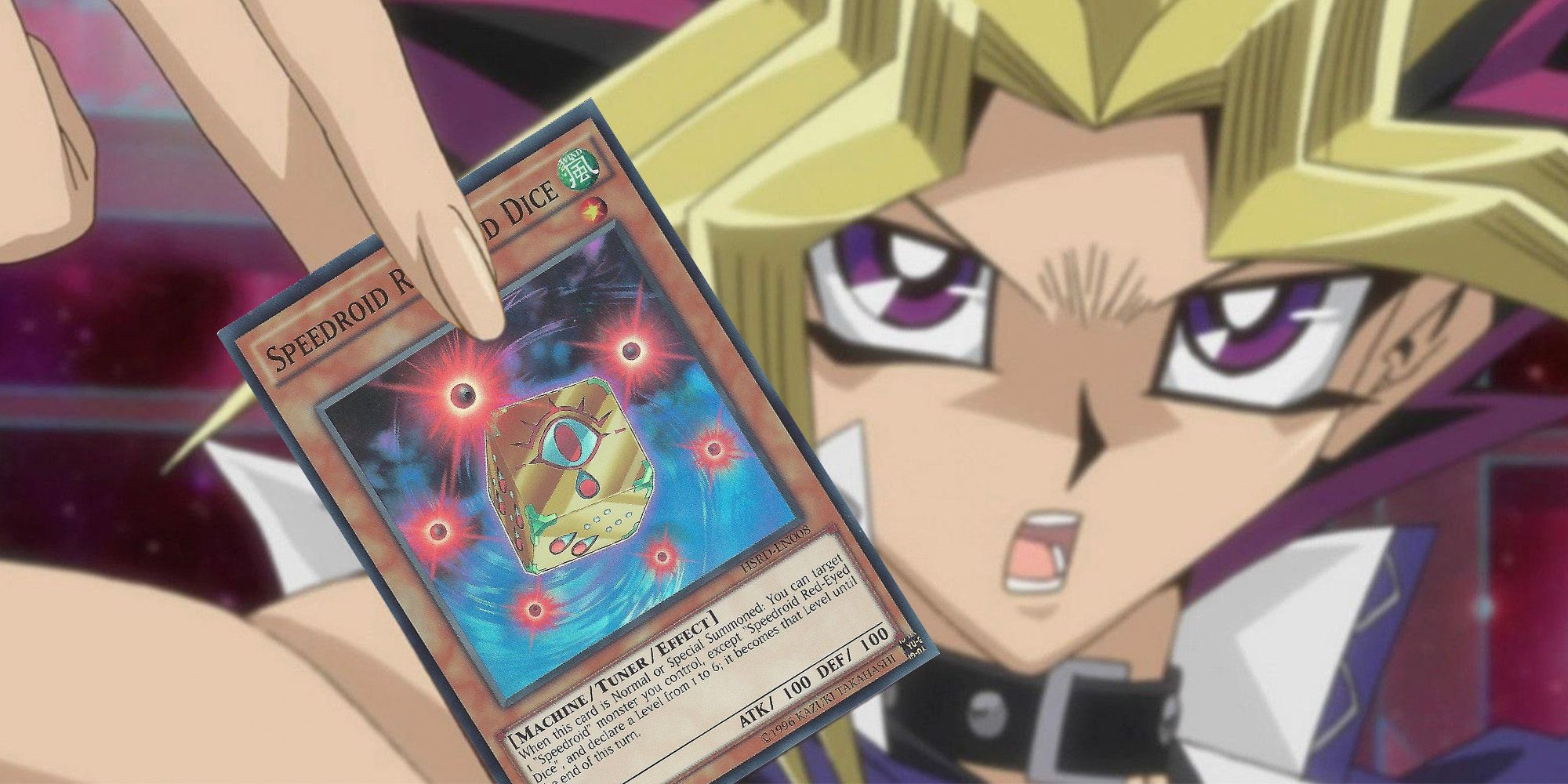 Yugi Moto, the protagonist of the original Yu-Gi-Oh! anime, holding SpeedRoid Red-Eyed Dice - an example of a Normal Rarity Card.