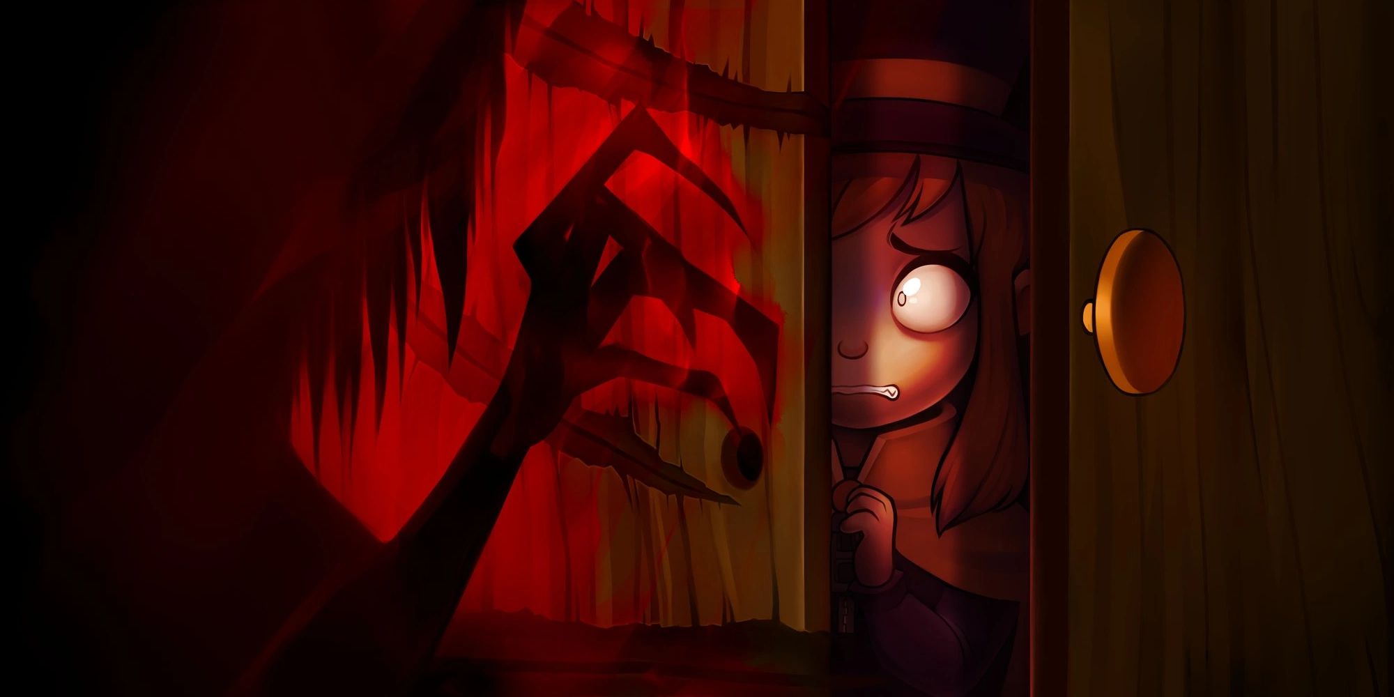 The cover image for the Queen Vanessa chapter of A Hat In Time, showing Hat Kid cowering from Vanessa in a closet