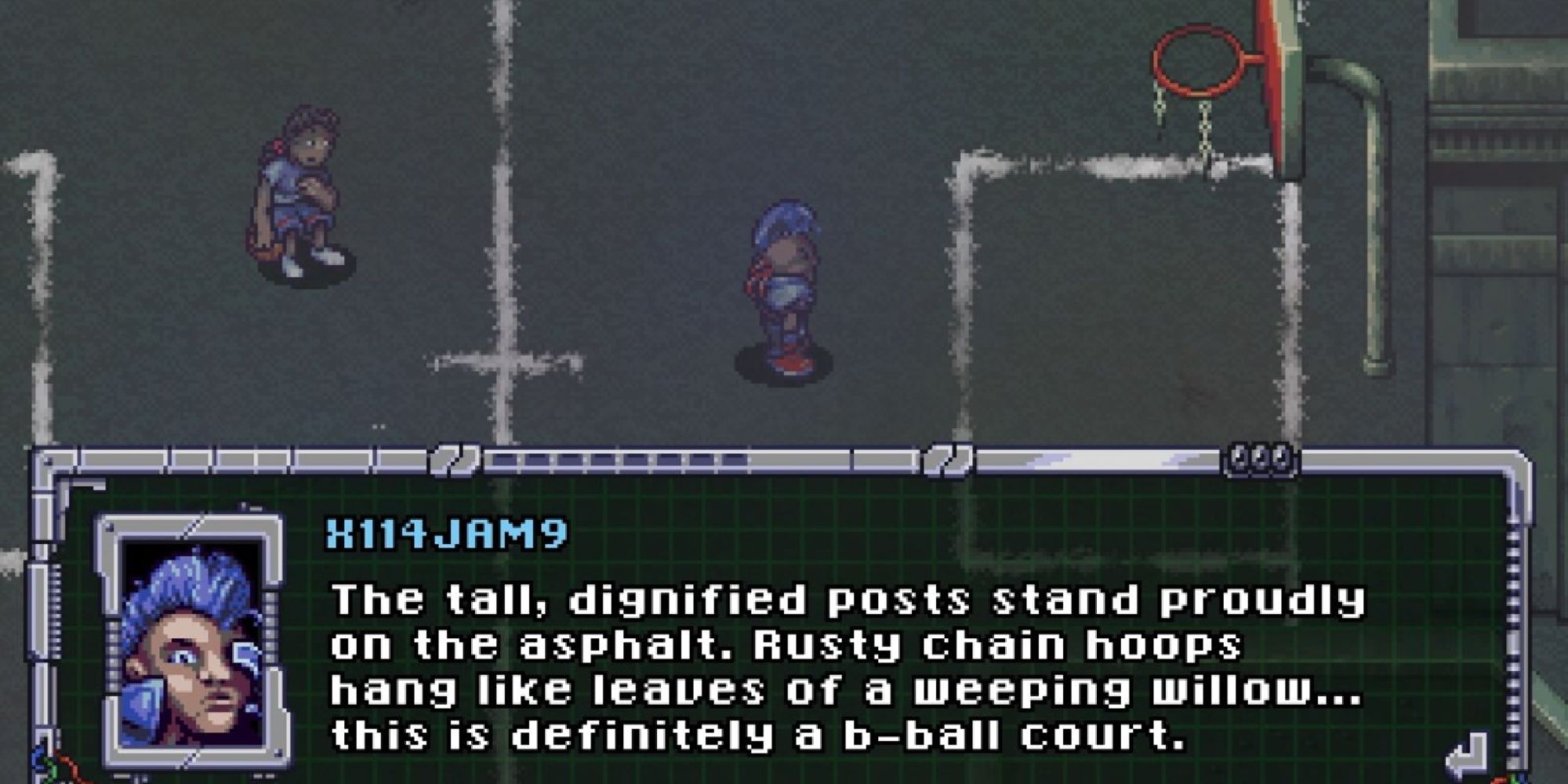 A screenshot from Barkley, Shut Up And Jam: Gaiden, in which a character ponders a rusted and forgotten basketball court