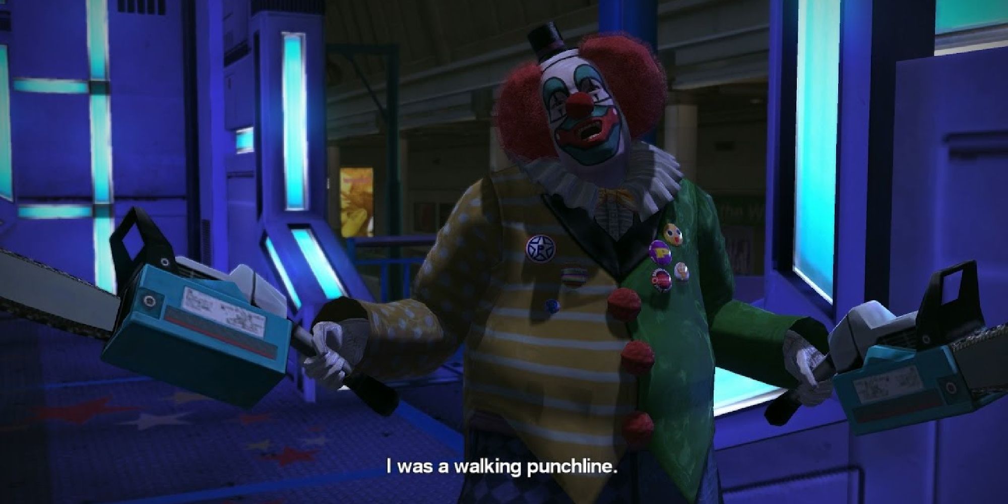 Adam MacIntyre brandishes twin chainsaws while calling himself a "walking punchline" in Dead Rising