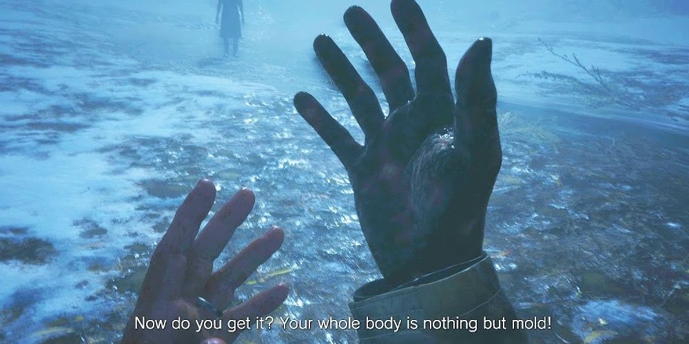 Ethan's mold-covered hands in Resident Evil Village