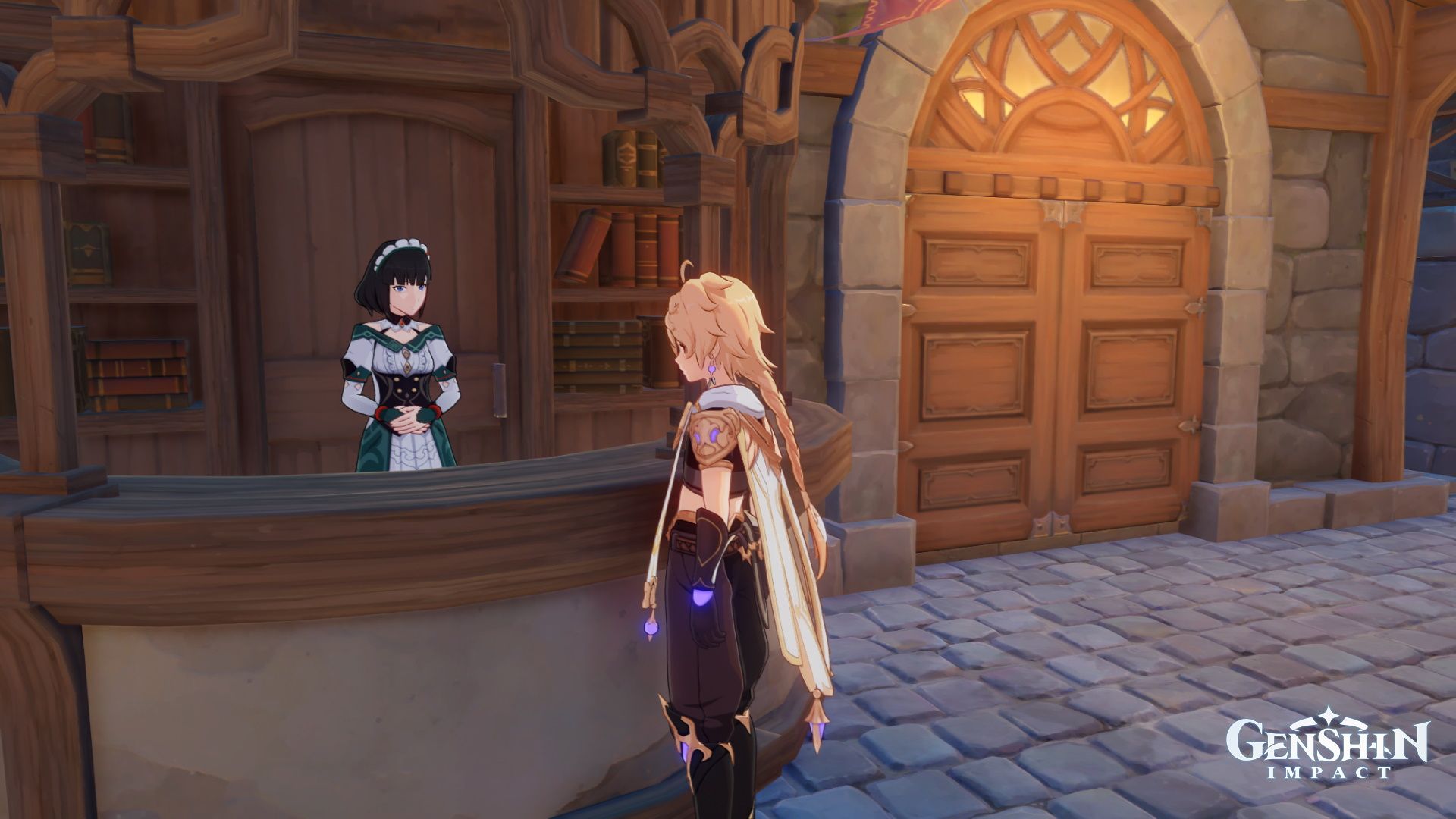 Katheryne the Adventurers' Guild receptionist speaks with the Traveler