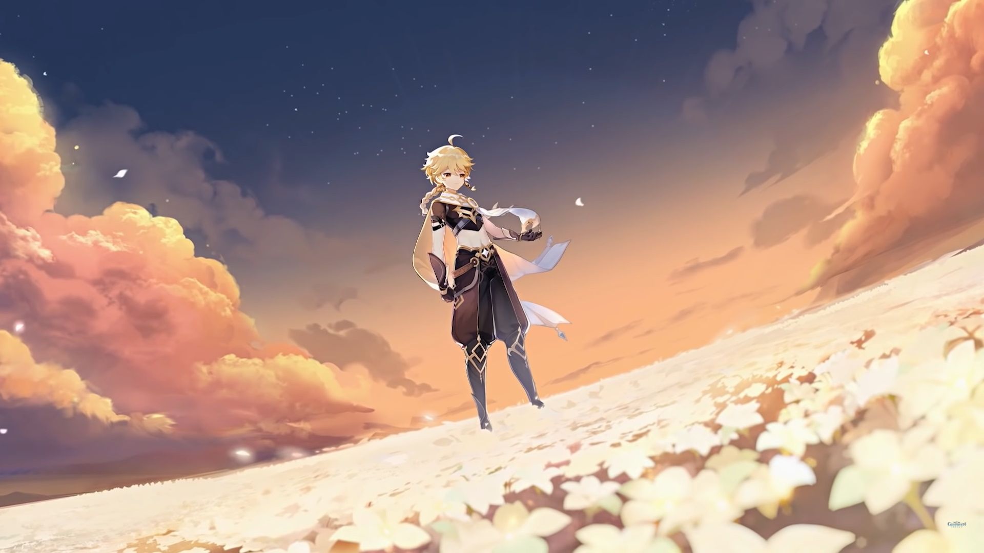 The Traveler in Genshin Impact stands alone in a field of flowers.