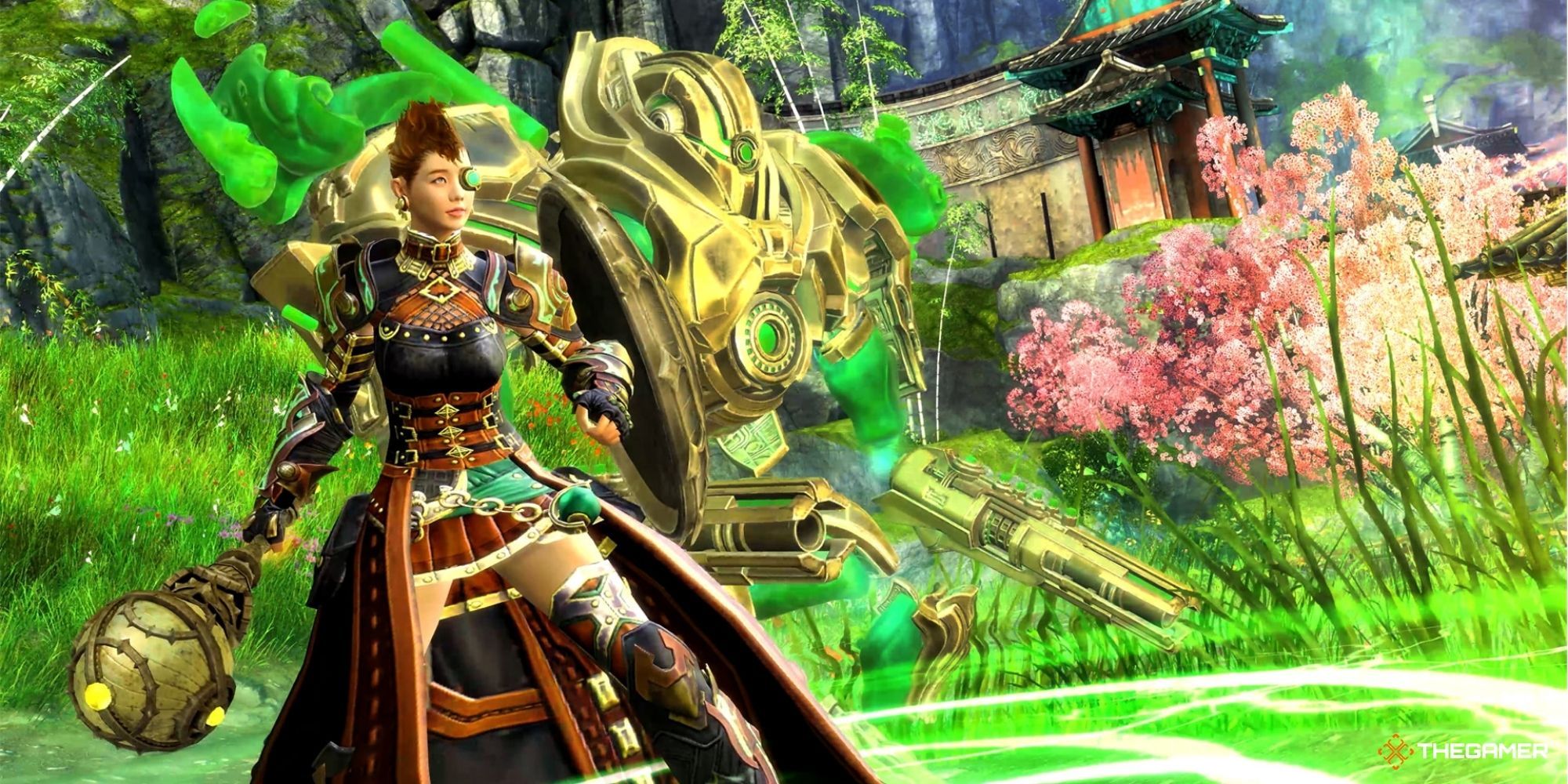 guild wars 2 end of dragons - engineer mechanist with her mech in cantha