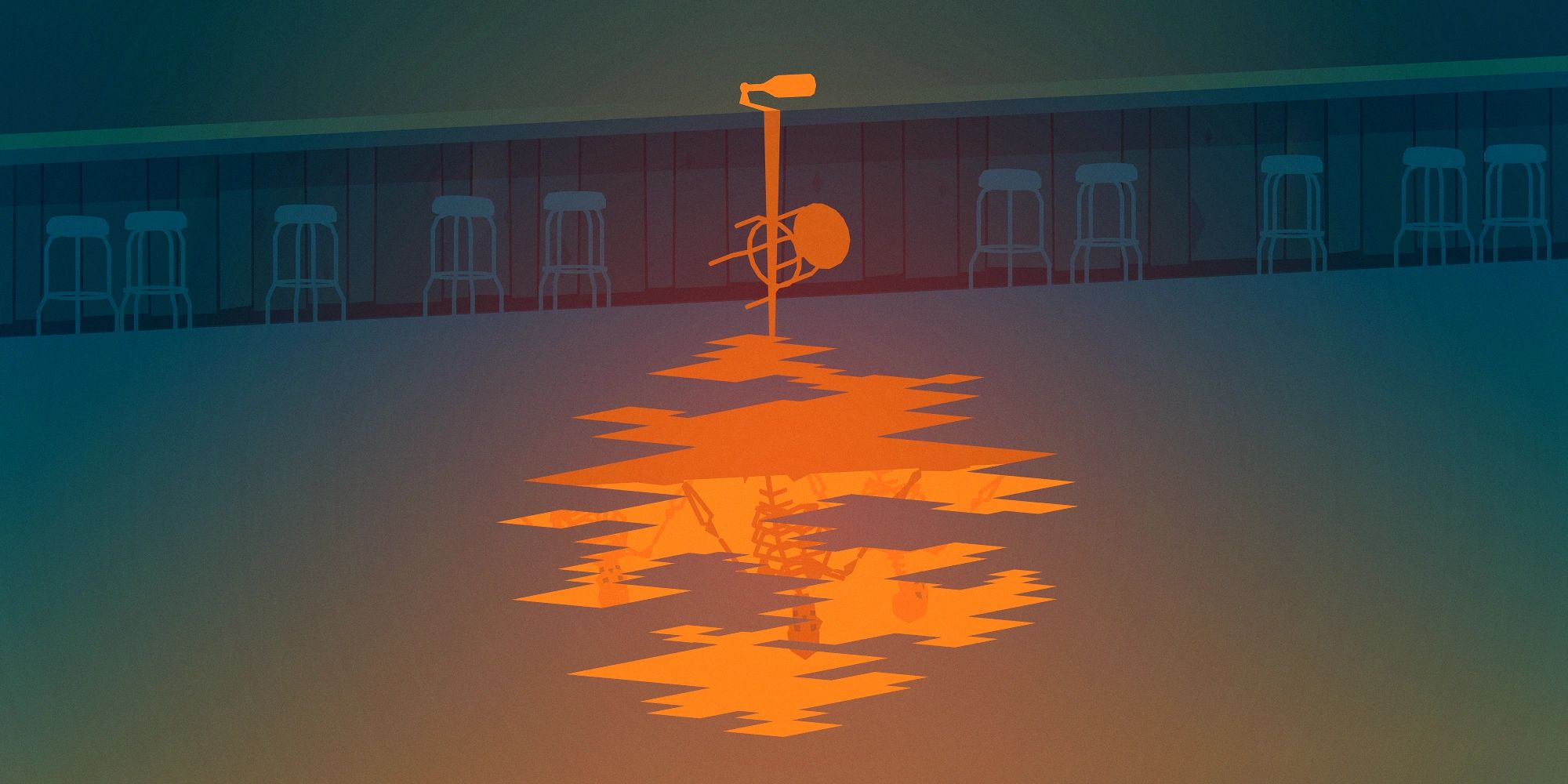 A beer bottle spills on the floor, and skeletons are reflected in the liquid, in Kentucky Route Zero