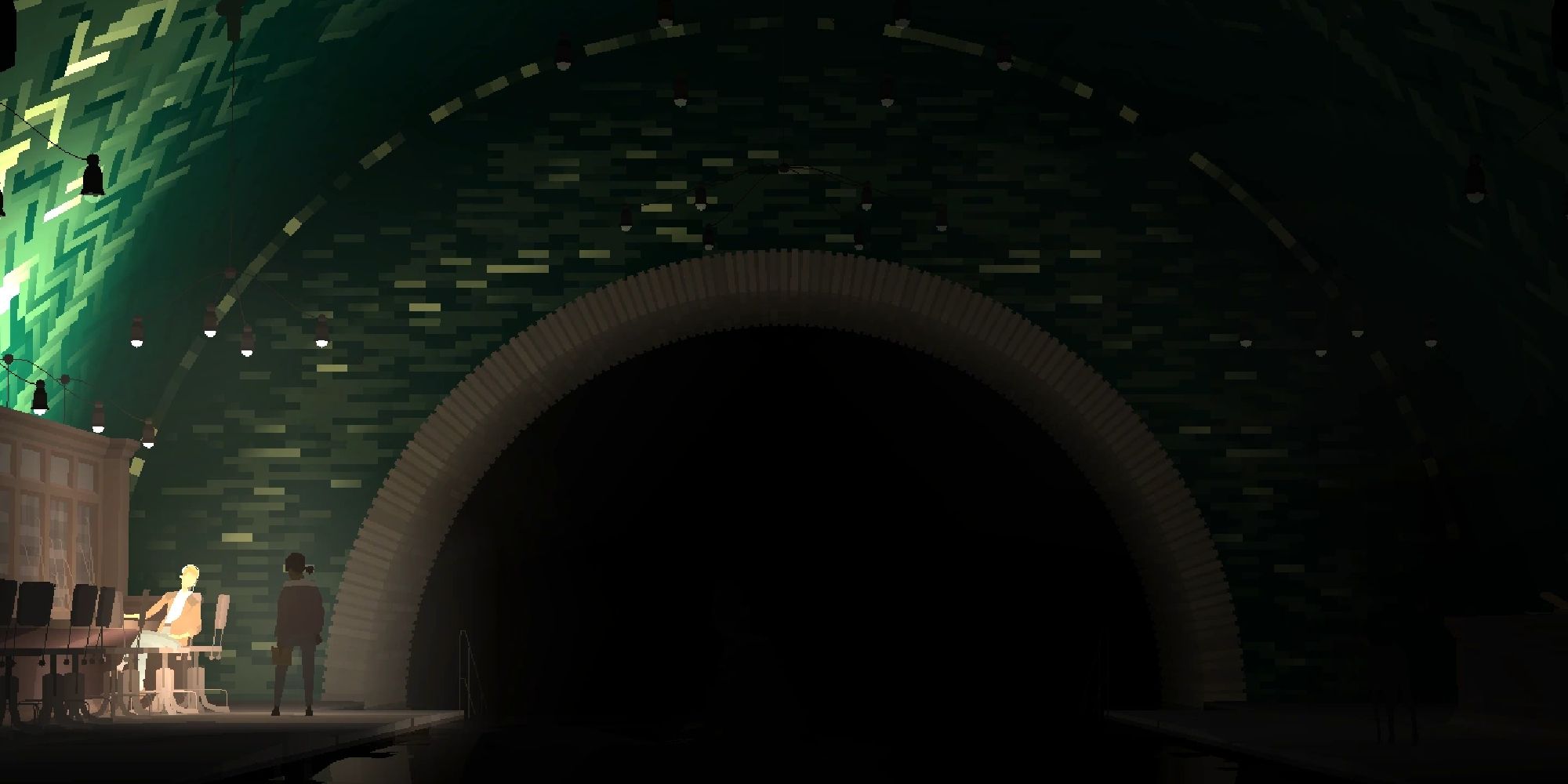 Two characters stand in the Central Exhange area, a dark hole underground, in Kentucky Route Zero