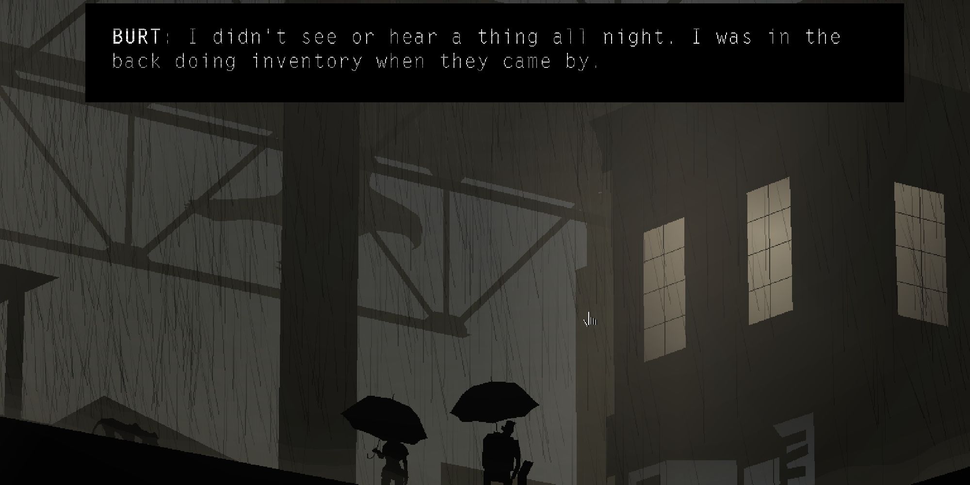 Burt and Conway discuss a memory on a rainy rooftop in Kentucky Route Zero