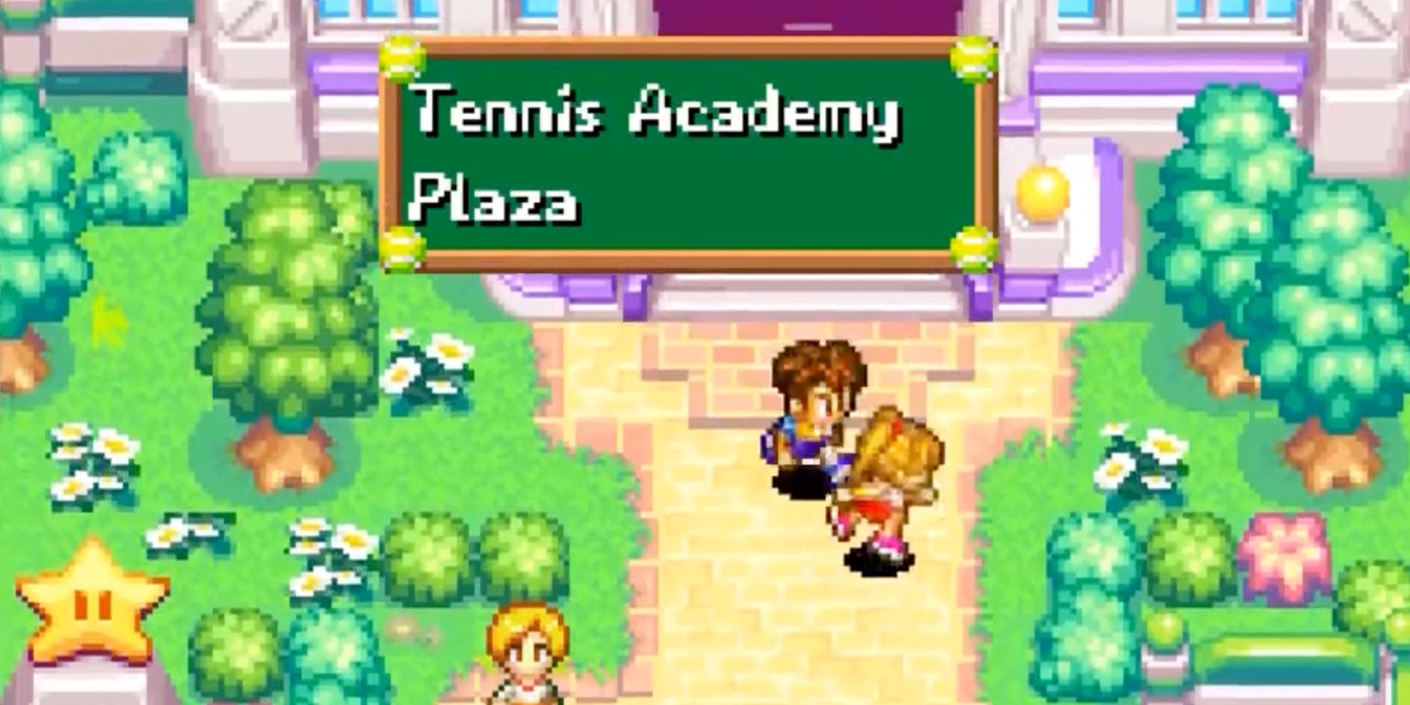The main character wanders through the Tennis Academy grounds in Mario Tennis: Power Tour