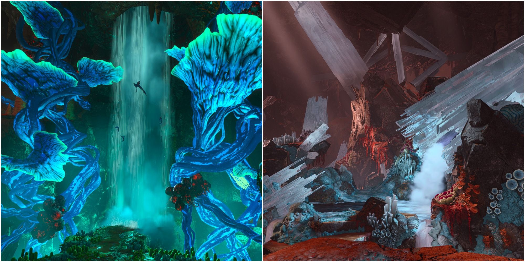 a split image with a cascading waterfall on the right surrounded by giant neon coloured plants on the left and the interior of the Creepy Cave on the right