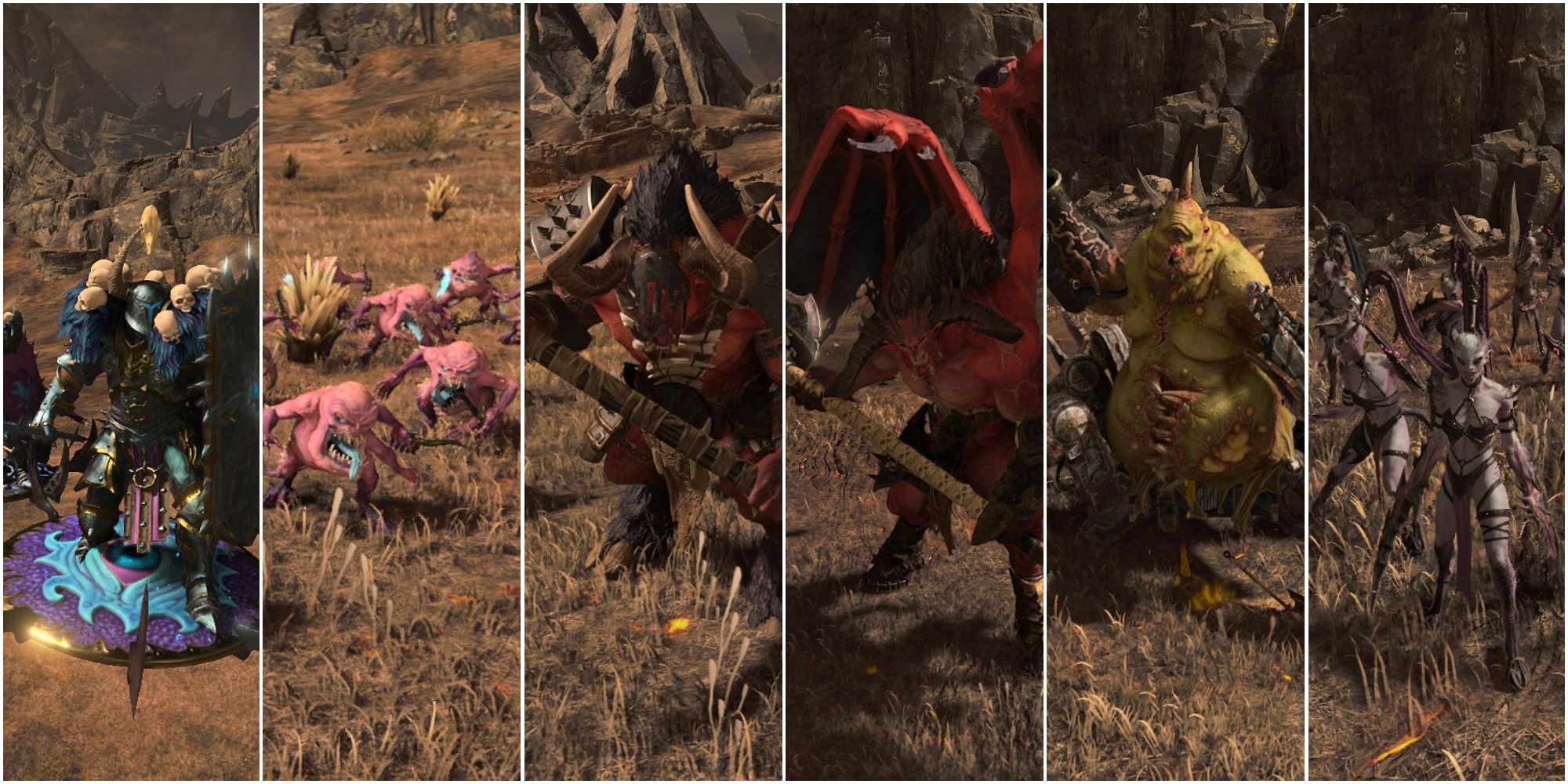 Doom Knights Of Tzeentch Pink Horrors Of Tzeentch Minotaurs Of Khrone Bloodthirster Soul Grinder of Nurgle Exalted Daemonettes of Slaanesh On The Battlefield In Total War Warhammer 3