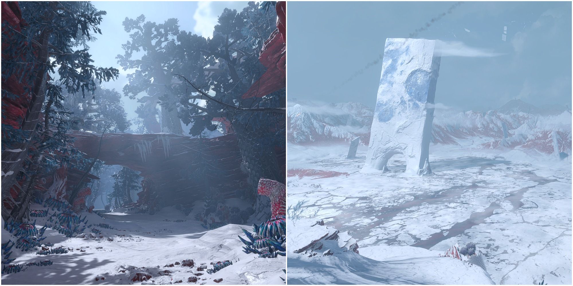 a split image with a forest engulfing red cliffs on the left and a giant snow coloured monolith in a sea of ice on the right