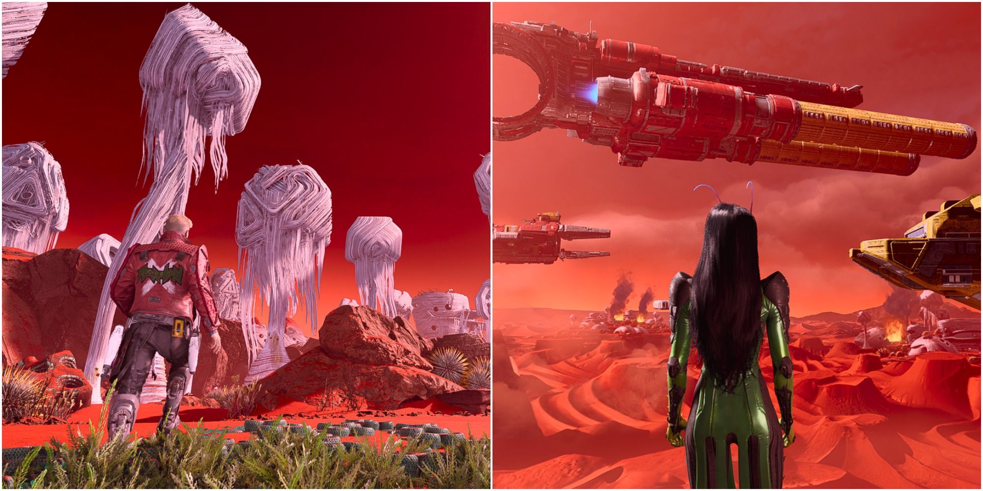 a split image with Peter Quill from Guardians of the Galaxy walking towards giant spider-sac like trees on the left and Mantis overlooking invading ships on the right