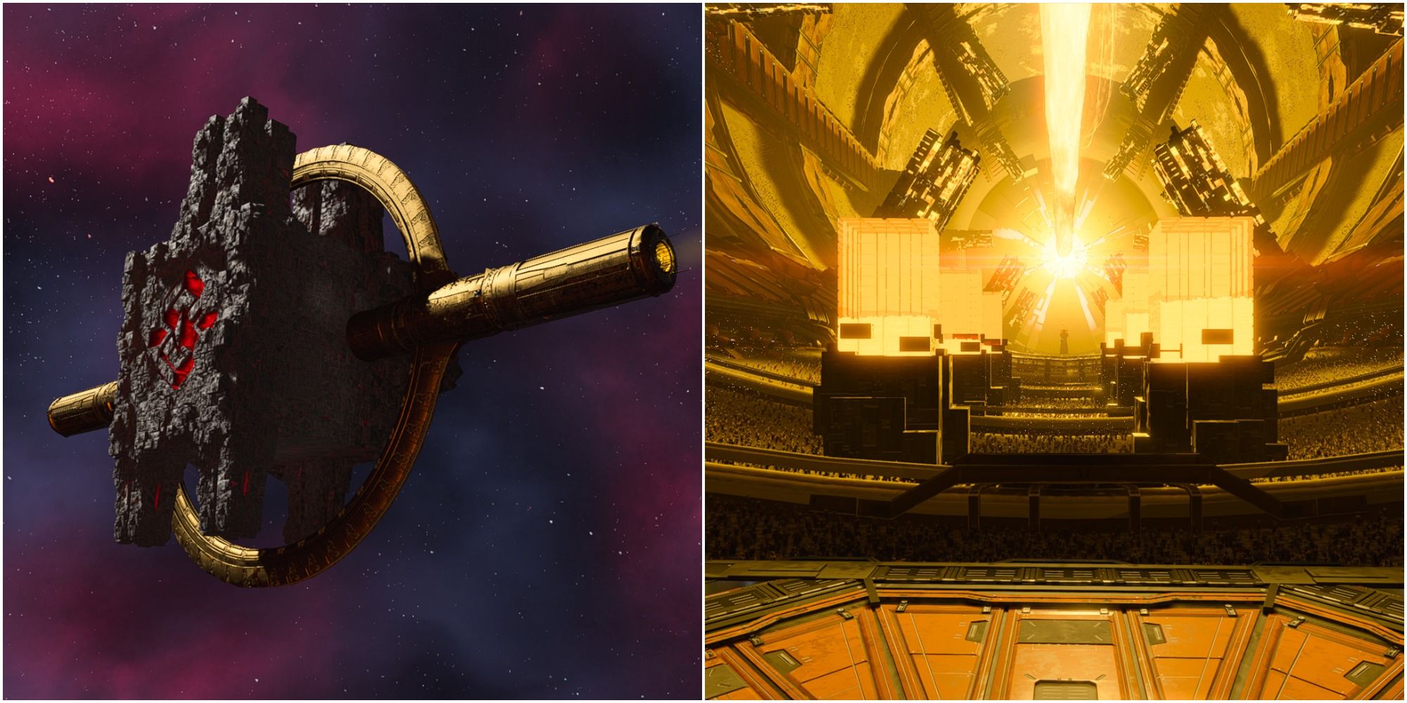 a split image with the exterior of Sacrosanct from Guardians of the Galaxy on the left and a beam of light shooting through a giant golden corridor on the right