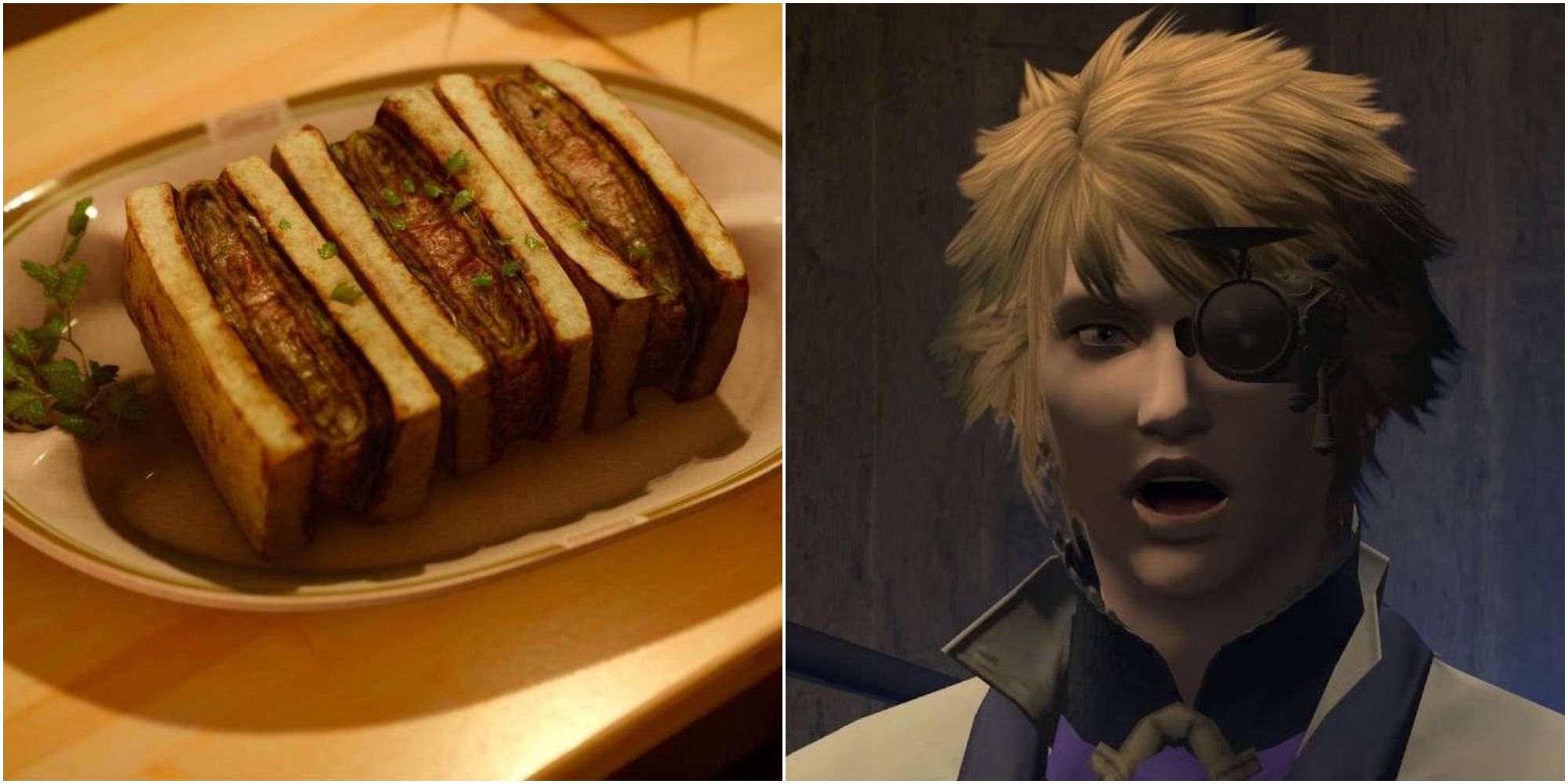Final Fantasy 15 sandwich being stared at by Final Fantasy 14 guild master