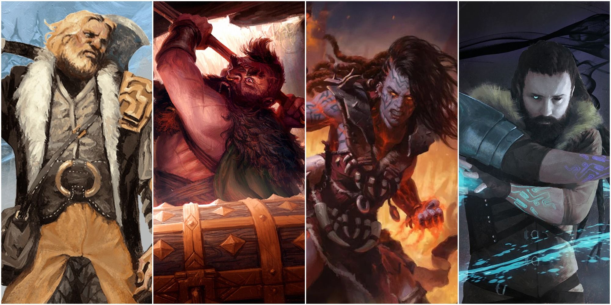 Split image of three barbarians and a sorcerer