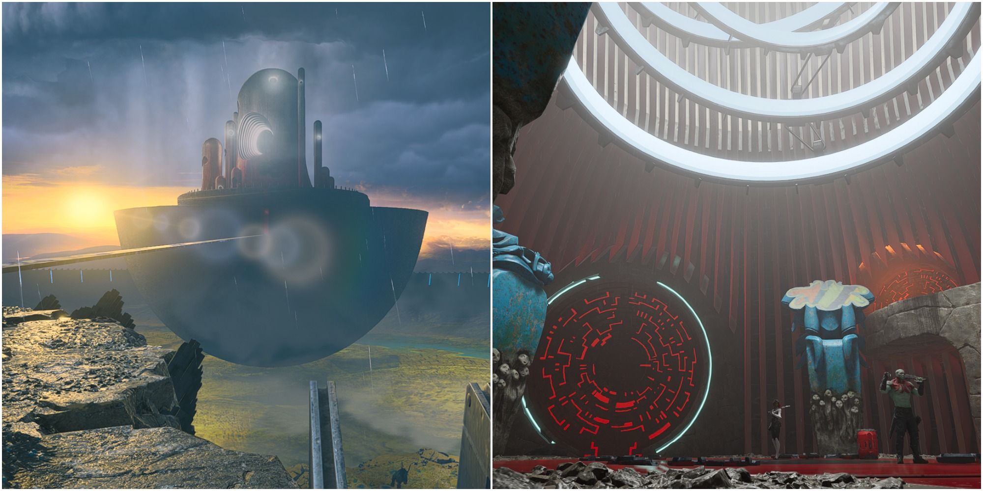 a split image with the exterior of Lady Hellbender's Fortress on the left and the interior of the vault on the right