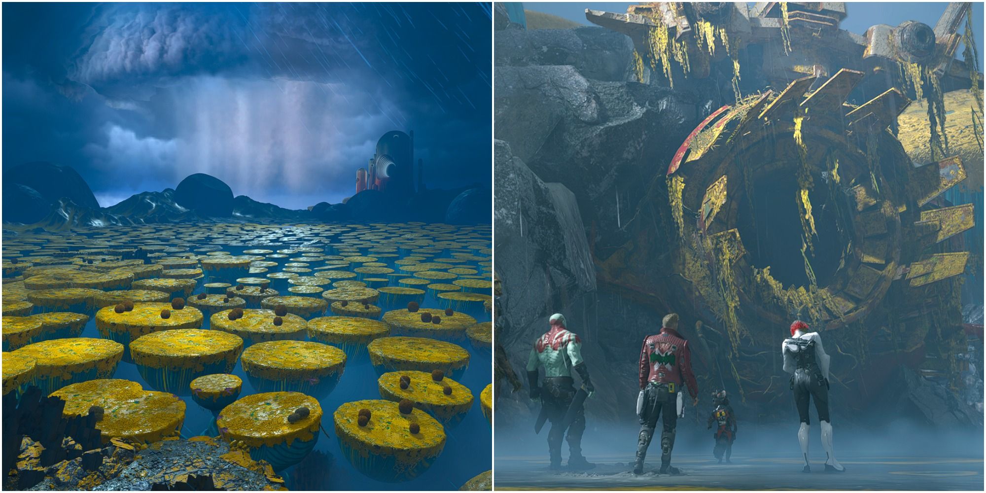 a split image with the yellow topped trees and distant lightning storm of Seknarf Nine on the left and the Guardians looking at an abandoned ship on the right