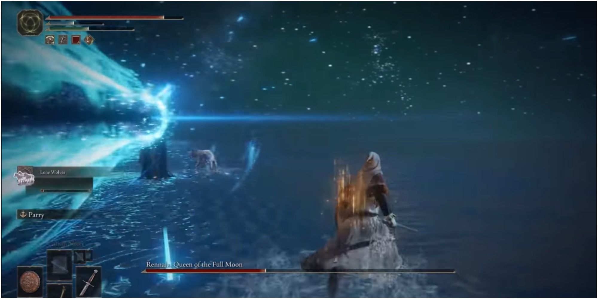 Rennala charging her Energy Beam and using it on the player.