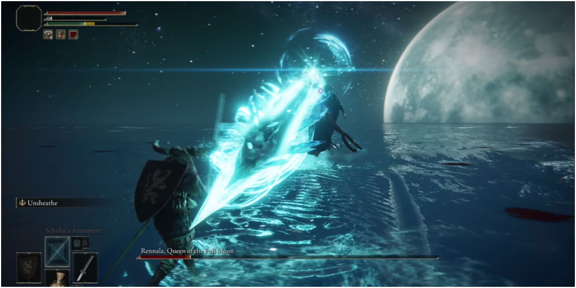 Rennala shooting her Energy Shard at the player.