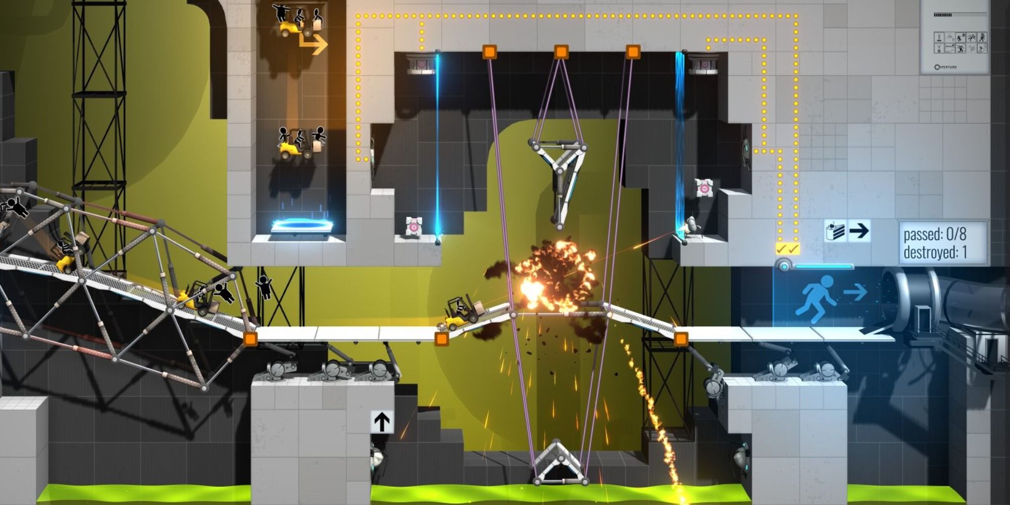 Bridge Constructor Portal screeshot with green goo below and explosion in middle over a bridge