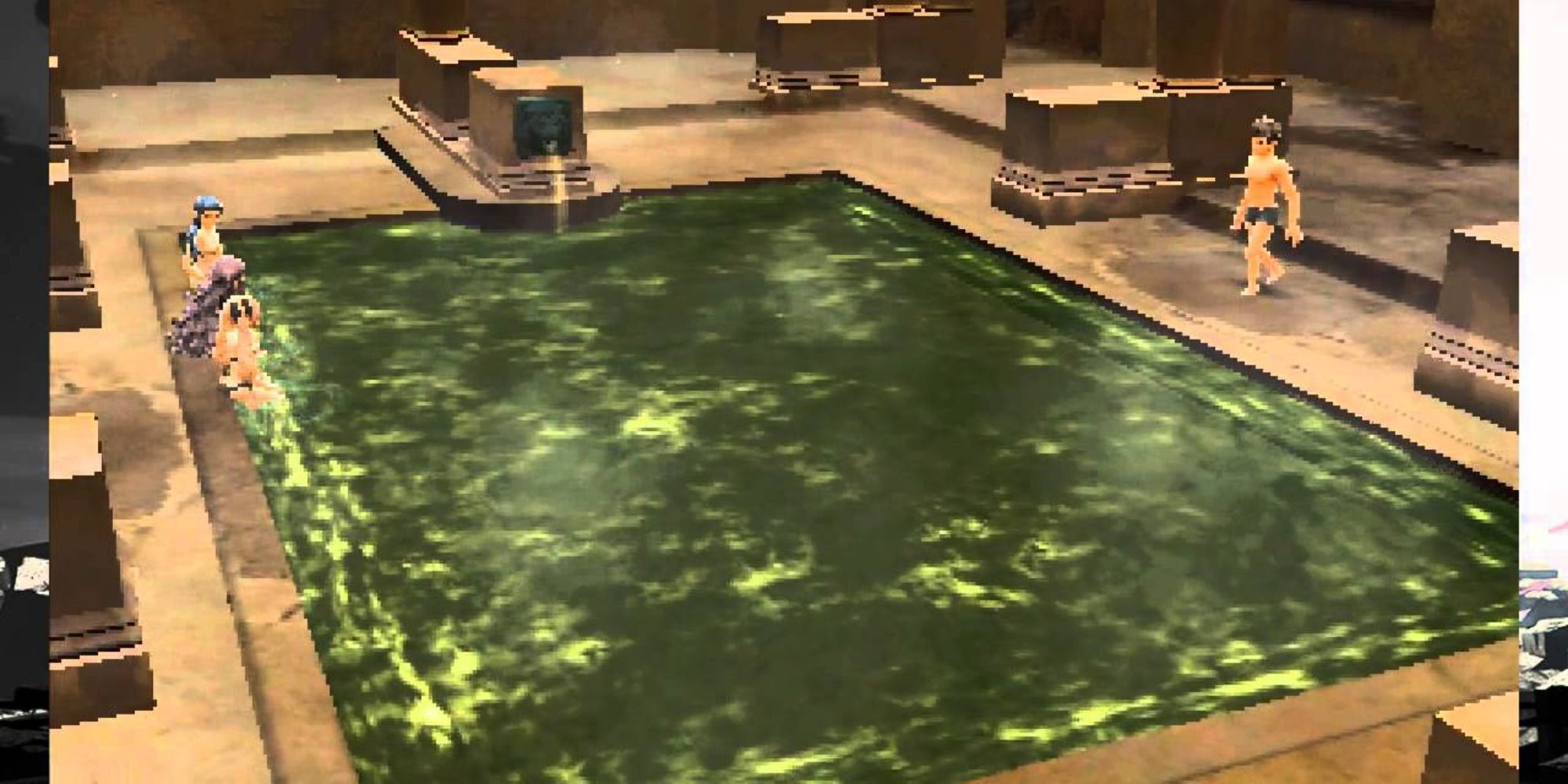 Three characters bathing at the Hot Springs