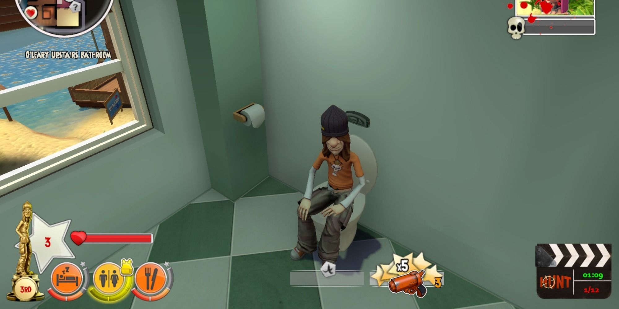 A player sits on a toliet in Bloody Good Time