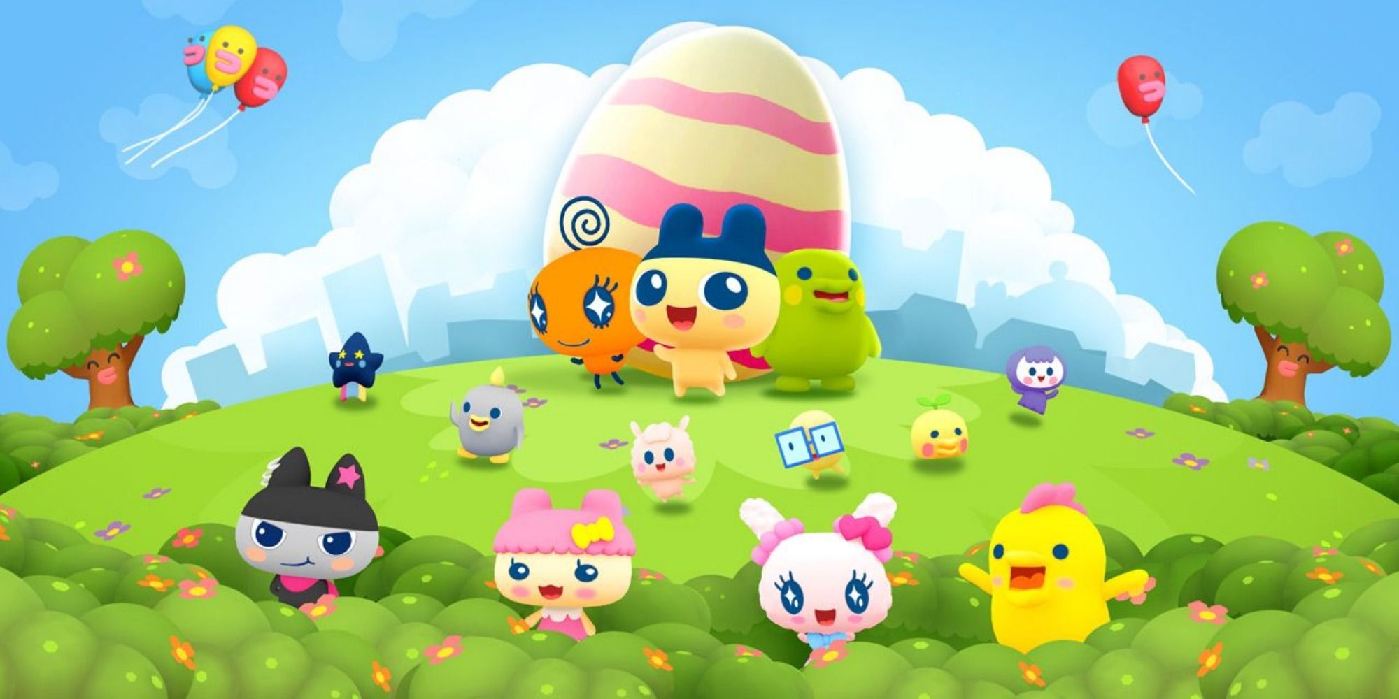 Tamagotchi standing on a flower covered hill