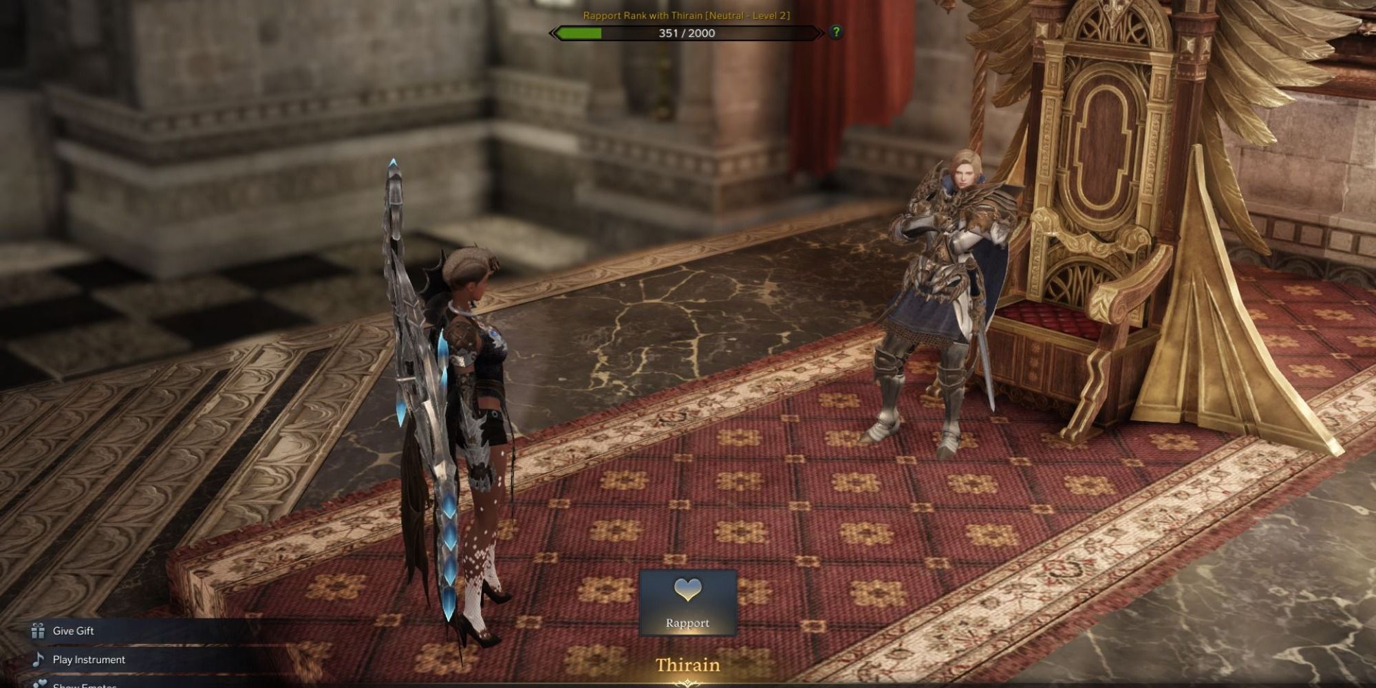 Player talks to Rapport NPC Thirain in the throne room
