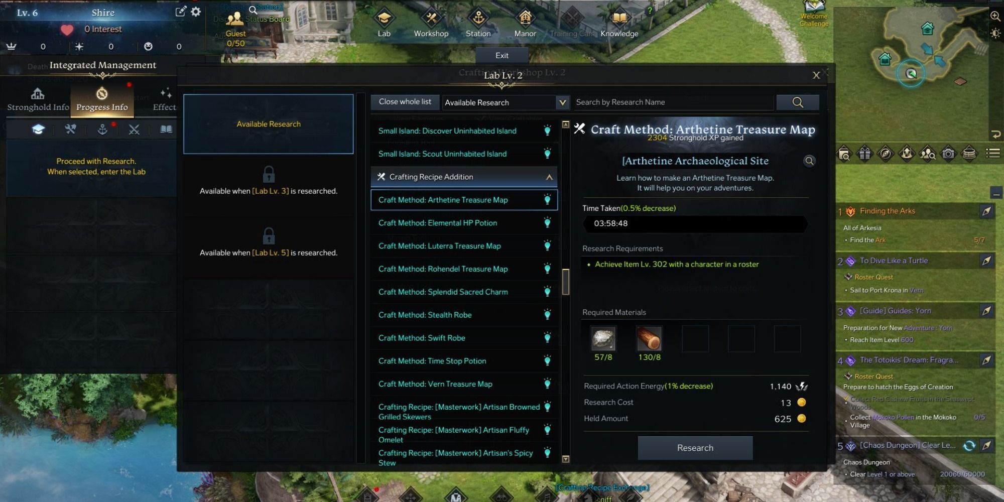 Lost Ark Stronghold Lab Menu open to craft method Arthenine treasure map