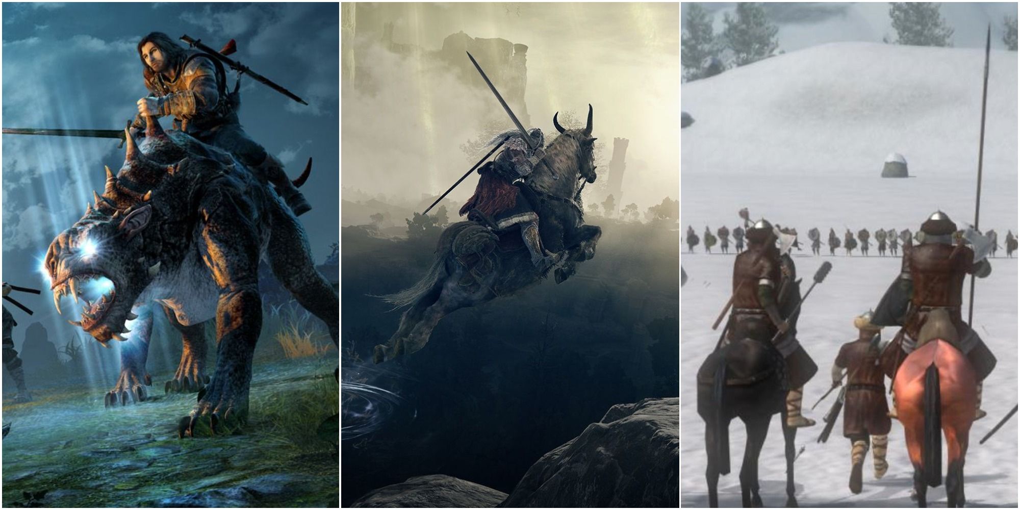 Talion attacking orcs on a Caragor in Shadow of Mordor on the left. Elden Ring Tarnished and Torrent in the center. Armies lined up in Mount and Blade Bannerlord on the right.