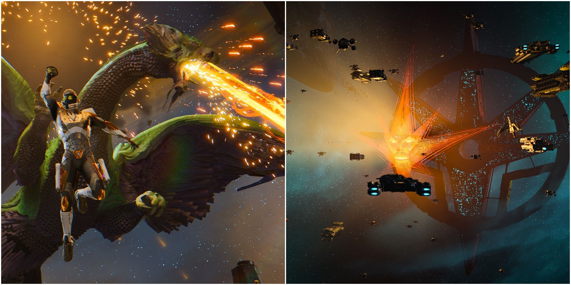 a split image with Peter Quill from Guardians of the Galaxy jumping in front of a dragon on the left and the Worldmind looking at various ships in space on the right