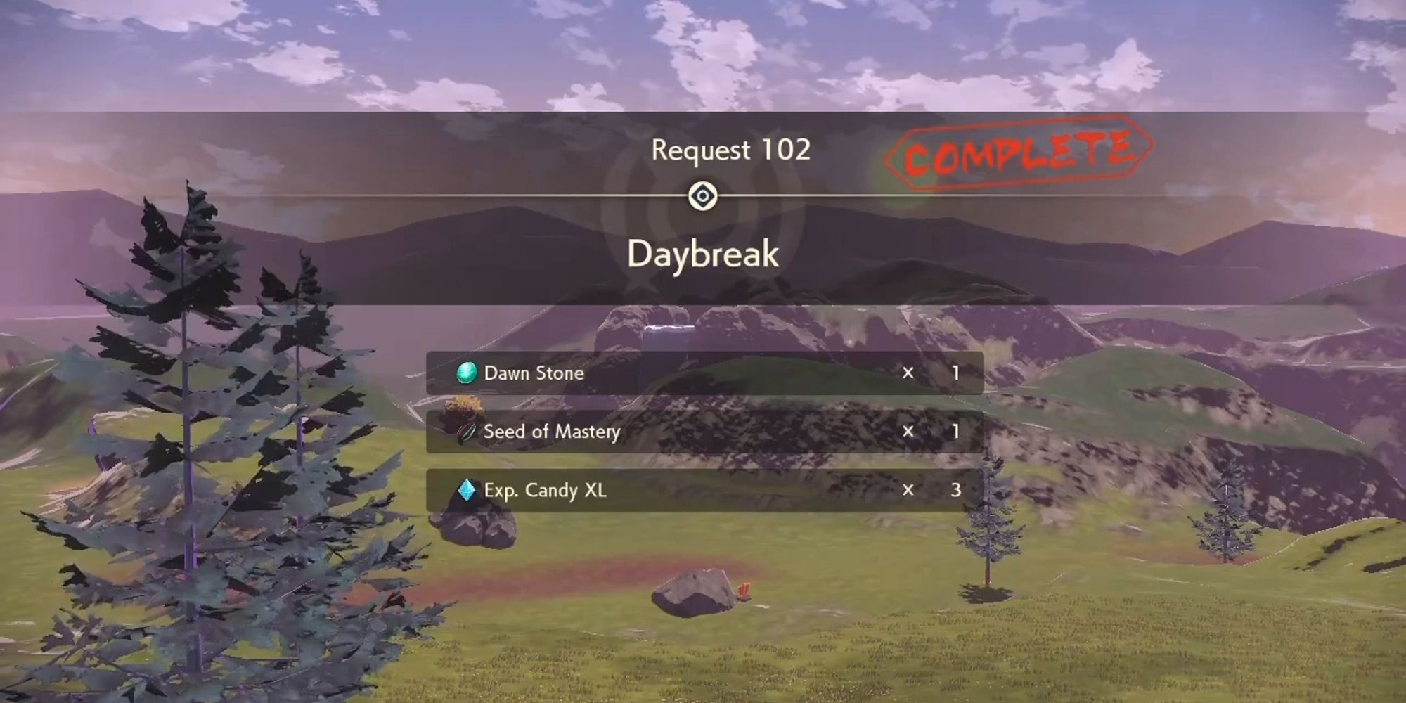 request 102 daybreak completion screen with rewards listed