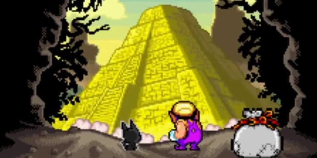 The Golden Pyramid crumbling in front of Wario in Wario Land 4