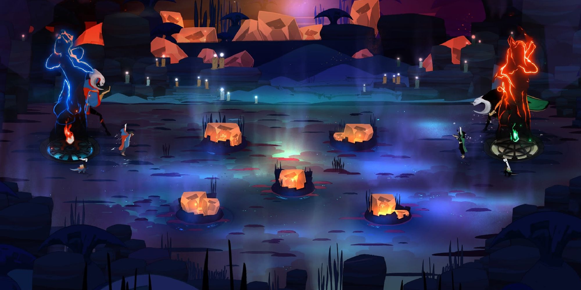 A screenshot from Supergiant Games' Pyre, showing the basketball-esque battle system