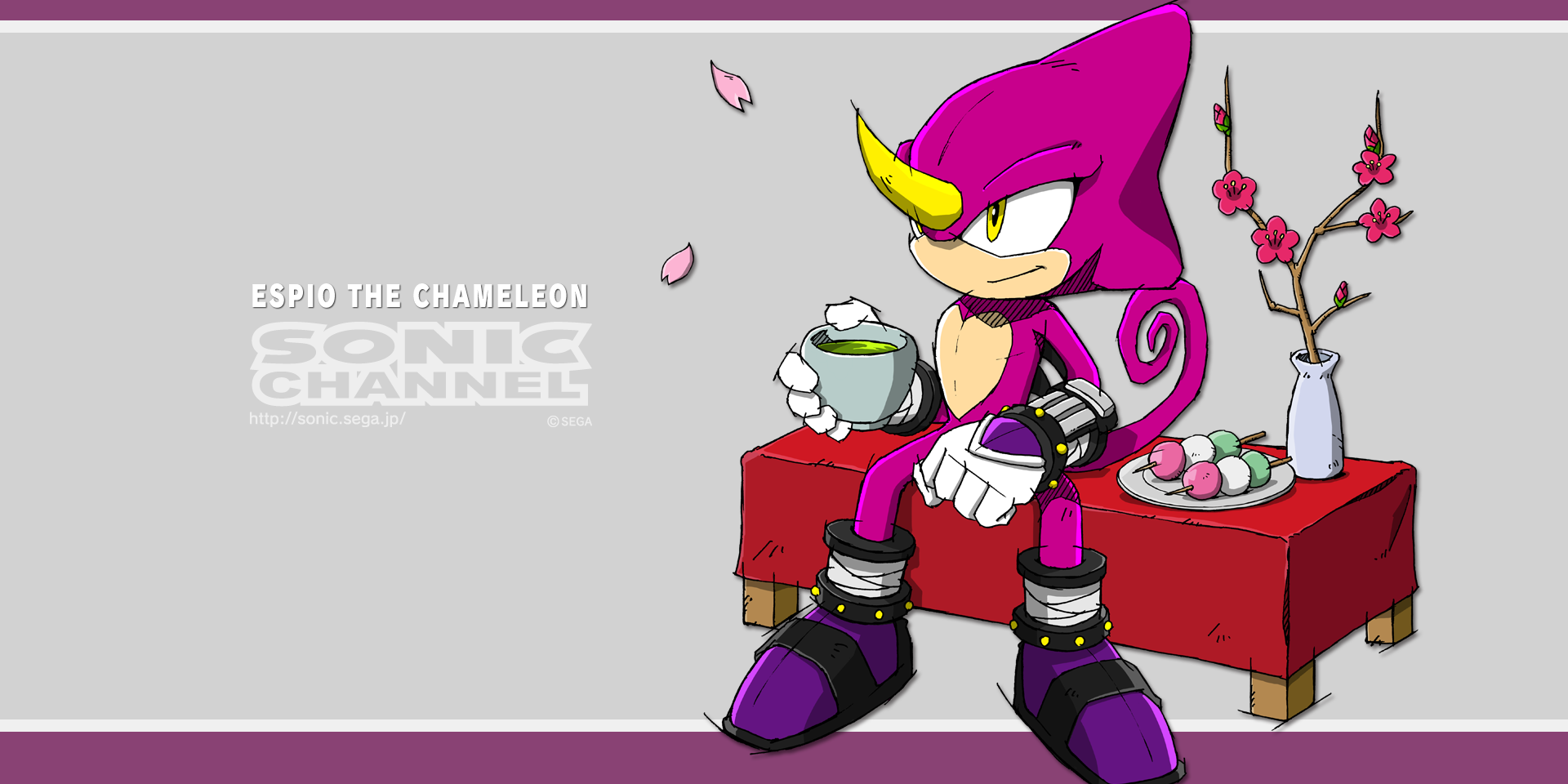 Espio the Chameleon enjoys some tea and Japanese cuisine