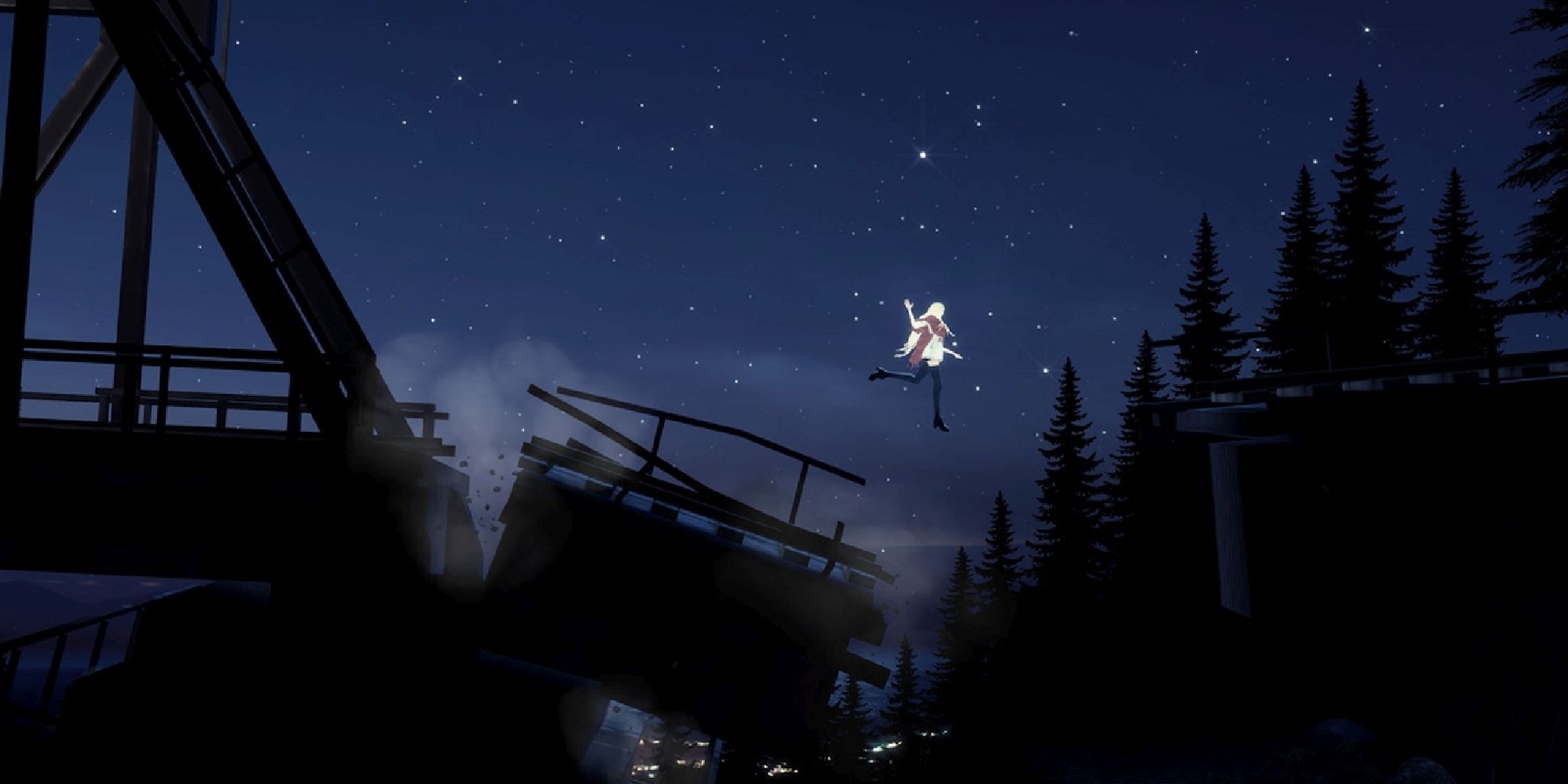 A screenshot from The Missing: JJ Macfield And The Island Of Memories, showing JJ jumping over a collapsing bridge