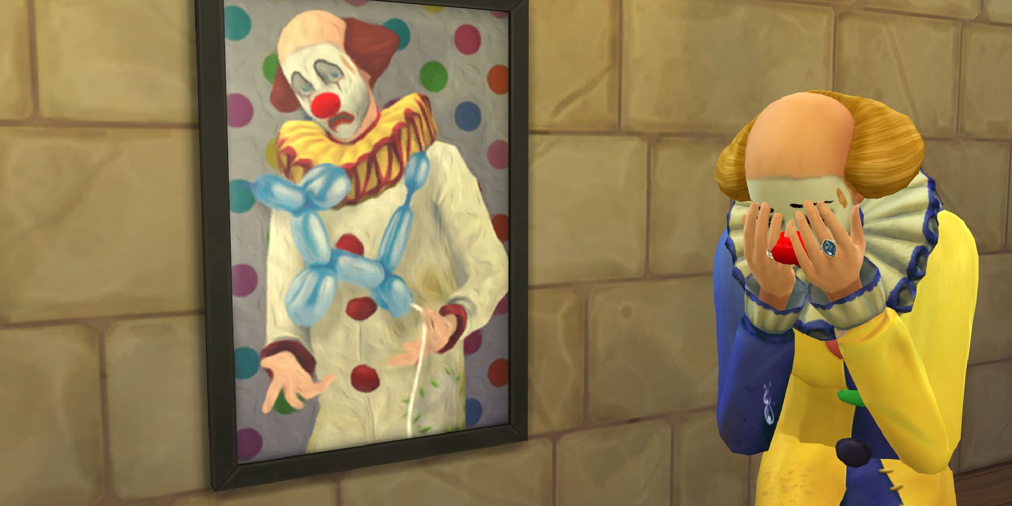 The Tragic Clown from The Sims cries next to his portrait