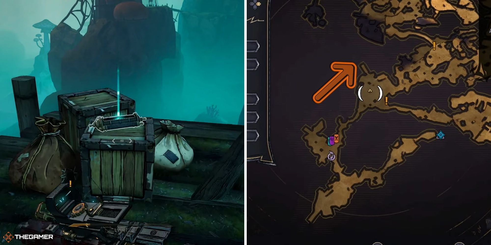 tiny tina's wonderlands - lore scroll on left, location on right (weepwild dankness)