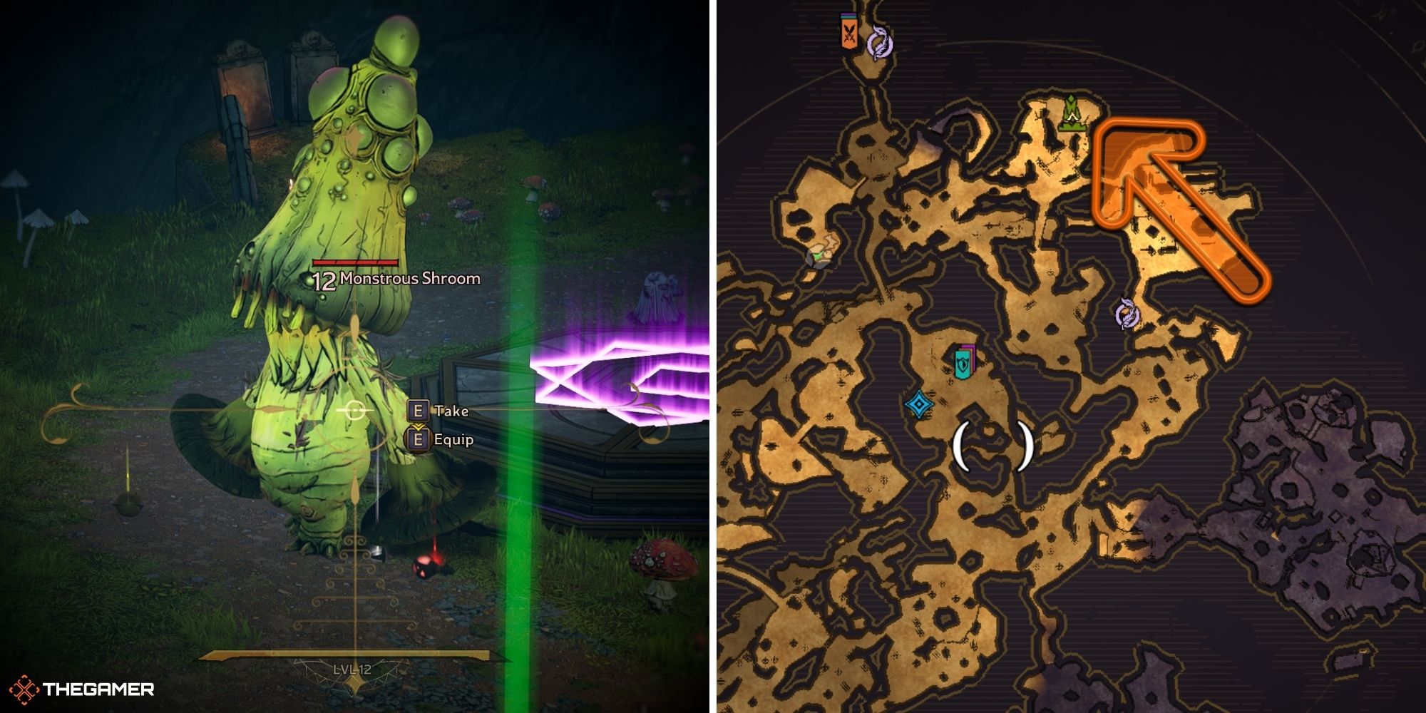 tiny tina's wonderlands - monstrous shroom on left, ancient Obelisk on map on right