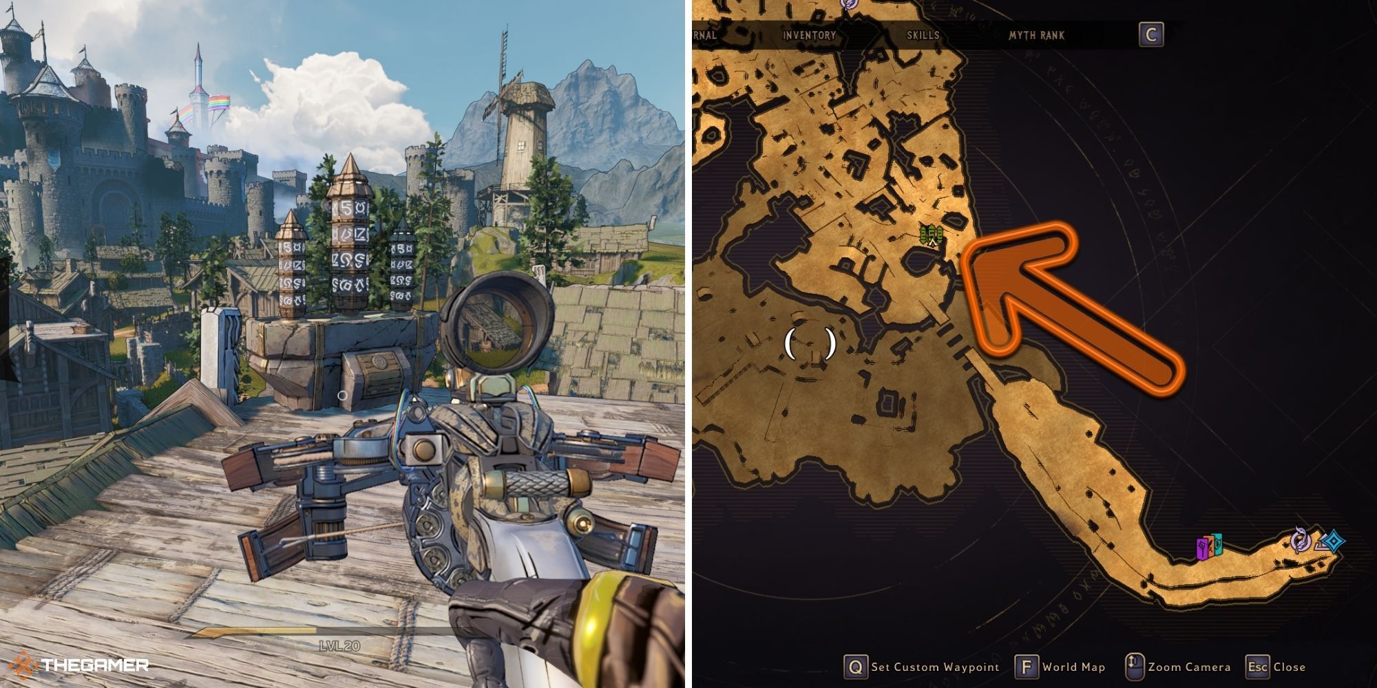 tiny tina's wonderlands - queen's gate - rune switch on left, map on right