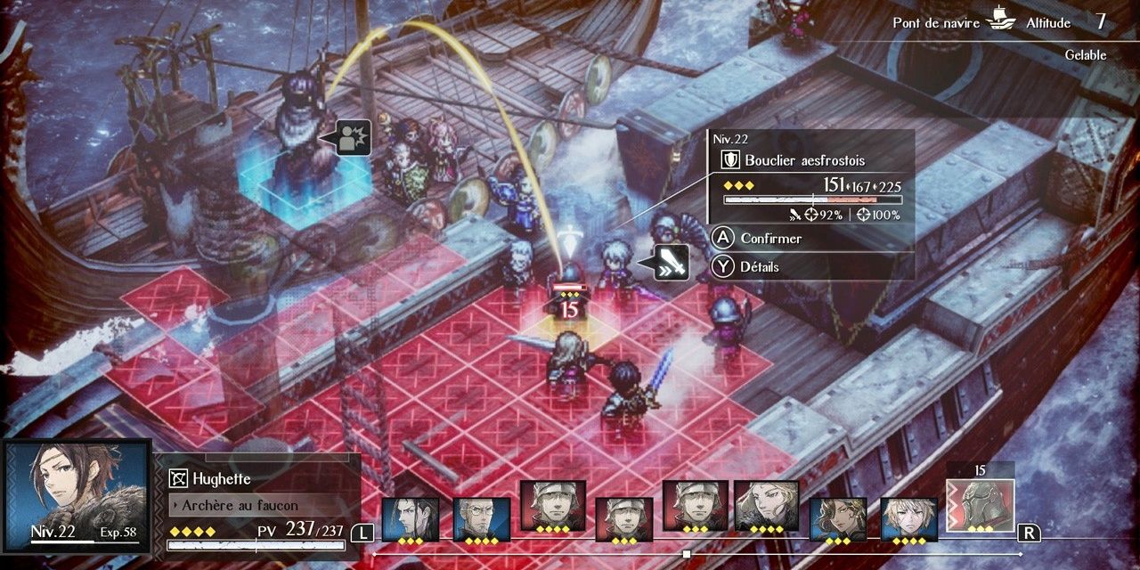 A screenshot showing the player performing a ranged attack in Triangle Strategy