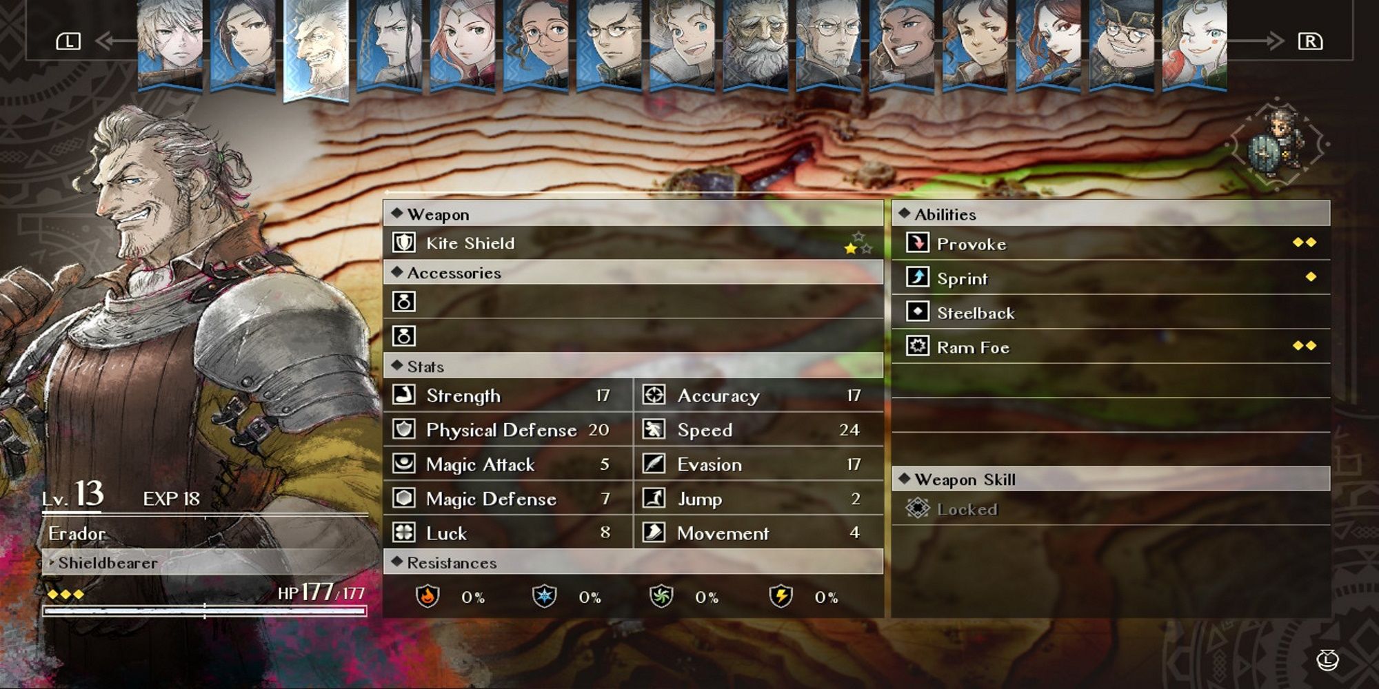 Erador's stats and skills in Triangle Strategy
