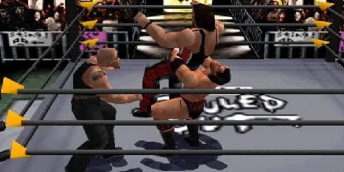 A group of wrestlers brawl.